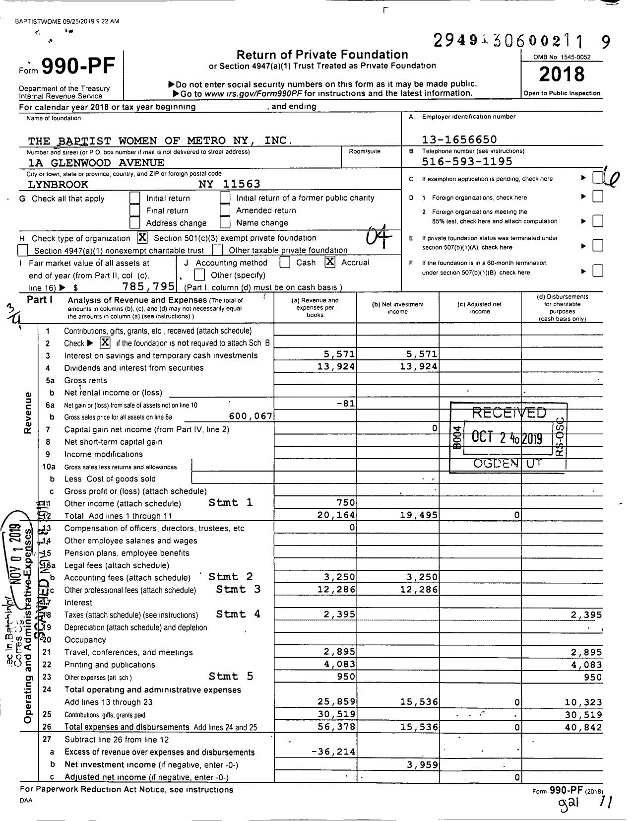 Image of first page of 2018 Form 990PF for The Baptist Women of Metro Ny