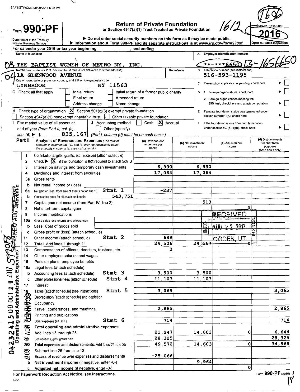 Image of first page of 2016 Form 990PF for The Baptist Women of Metro Ny