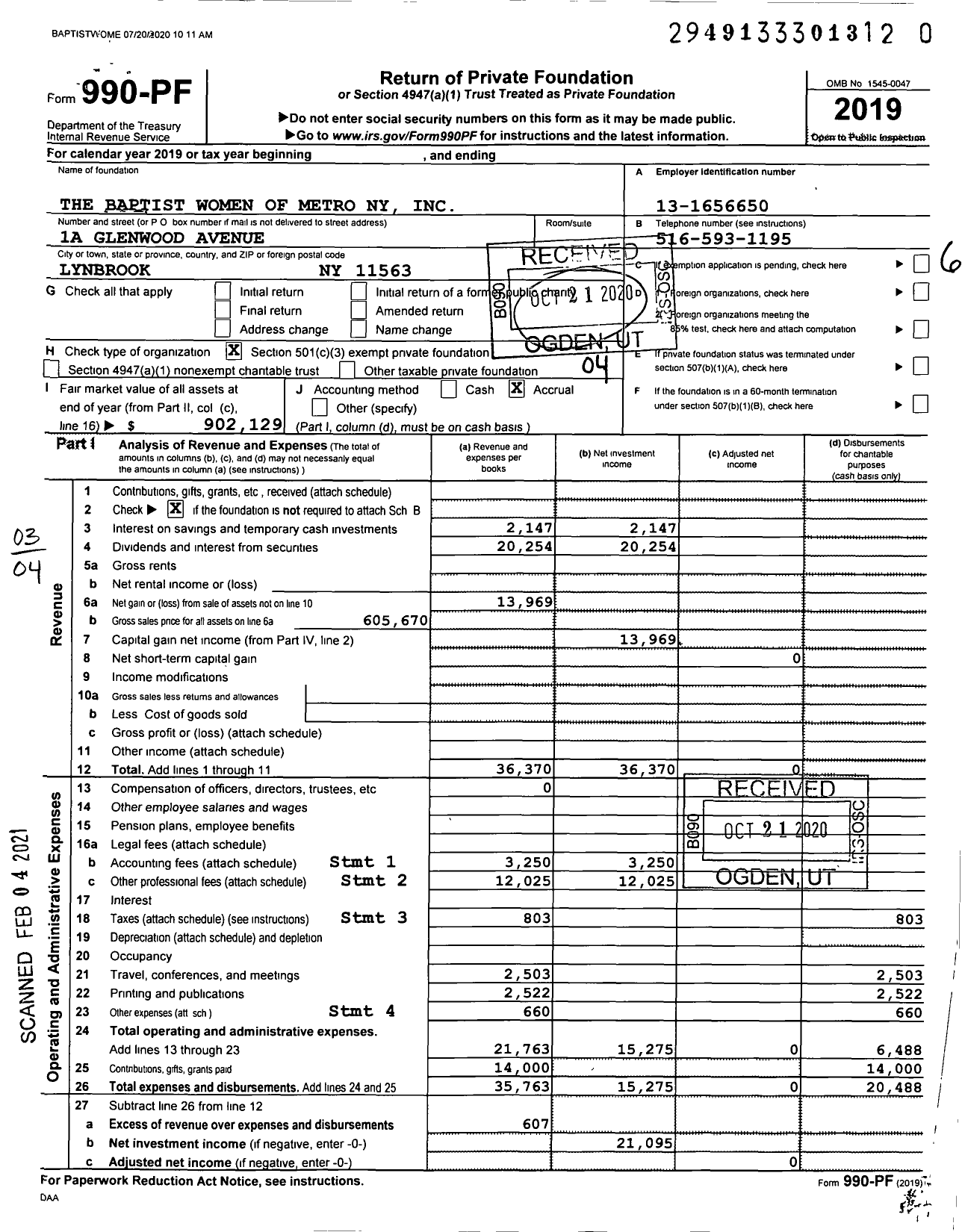 Image of first page of 2019 Form 990PF for The Baptist Women of Metro Ny