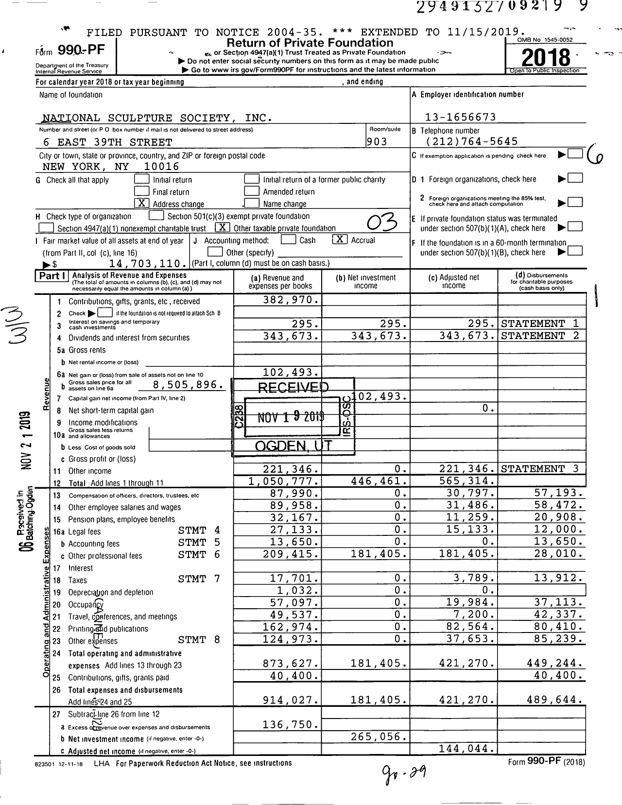 Image of first page of 2018 Form 990PF for National Sculpture Society