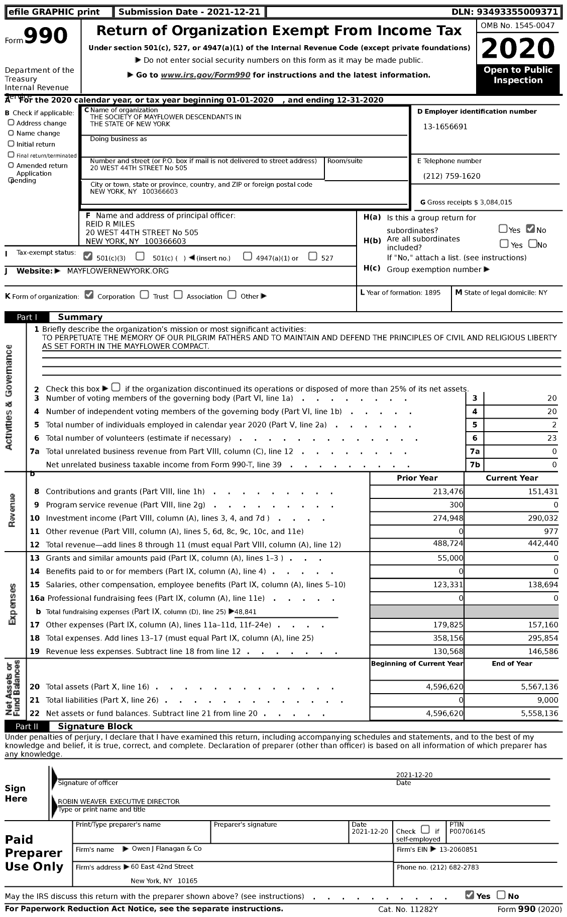 Image of first page of 2020 Form 990 for The Society of Mayflower Descendants in the State of New York