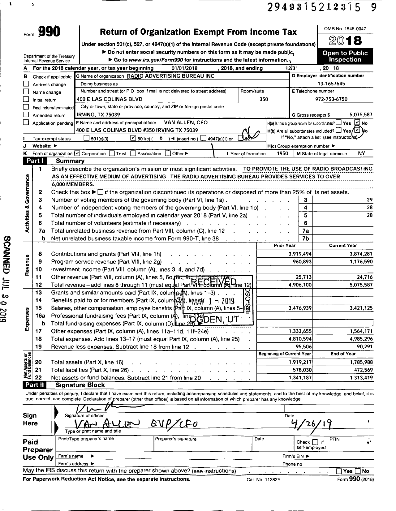 Image of first page of 2018 Form 990O for Radio Advertising Bureau (RAB)