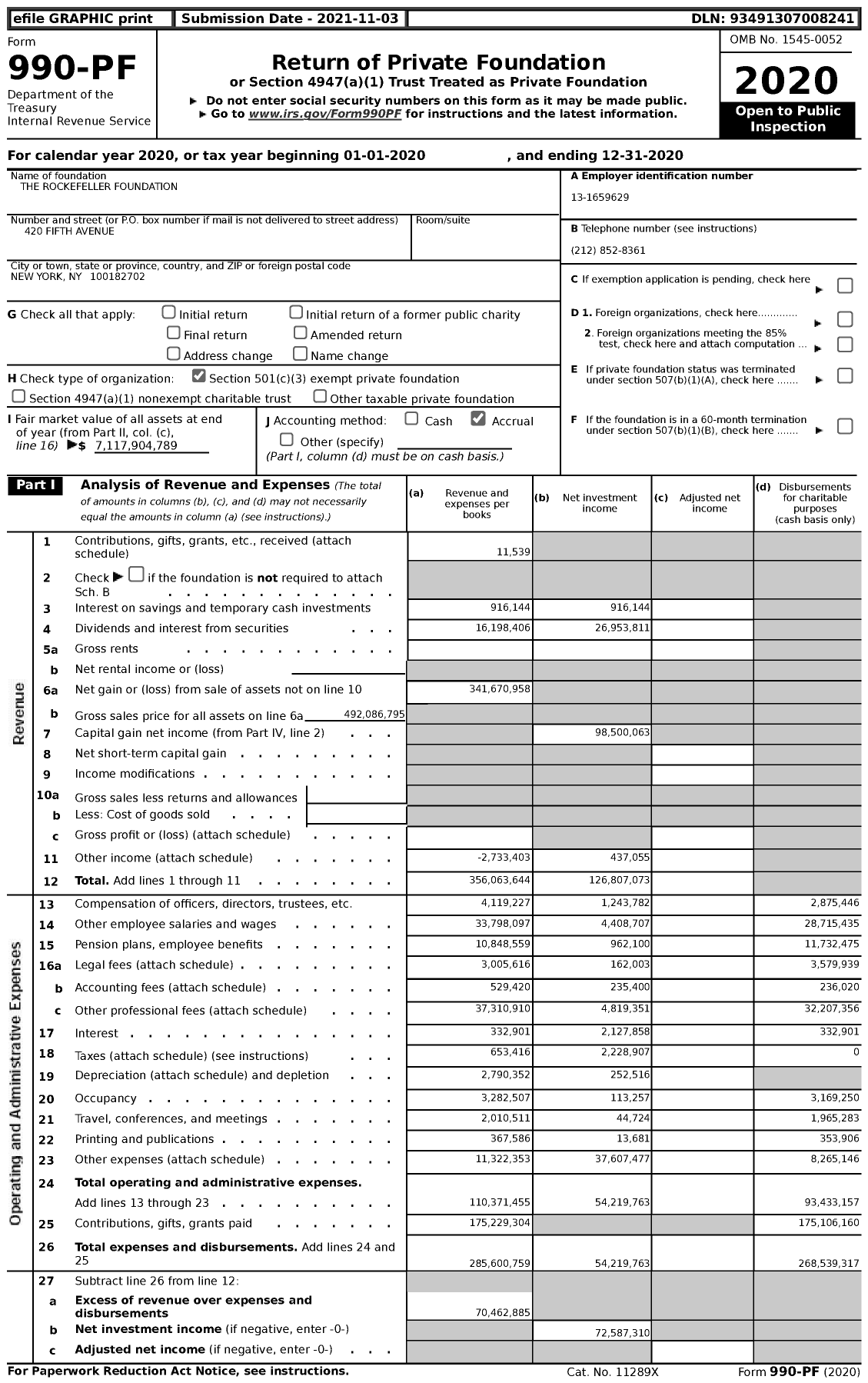 Image of first page of 2020 Form 990PF for The Rockefeller Foundation