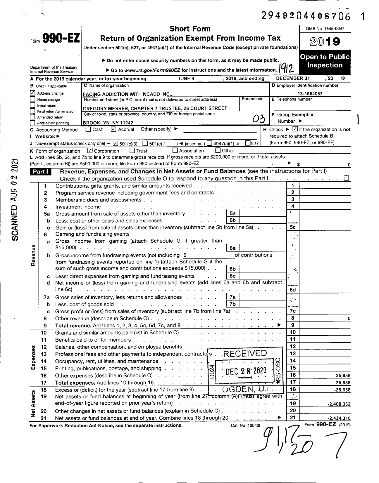 Image of first page of 2019 Form 990EZ for National Council on Alcoholism and Drug Dependence