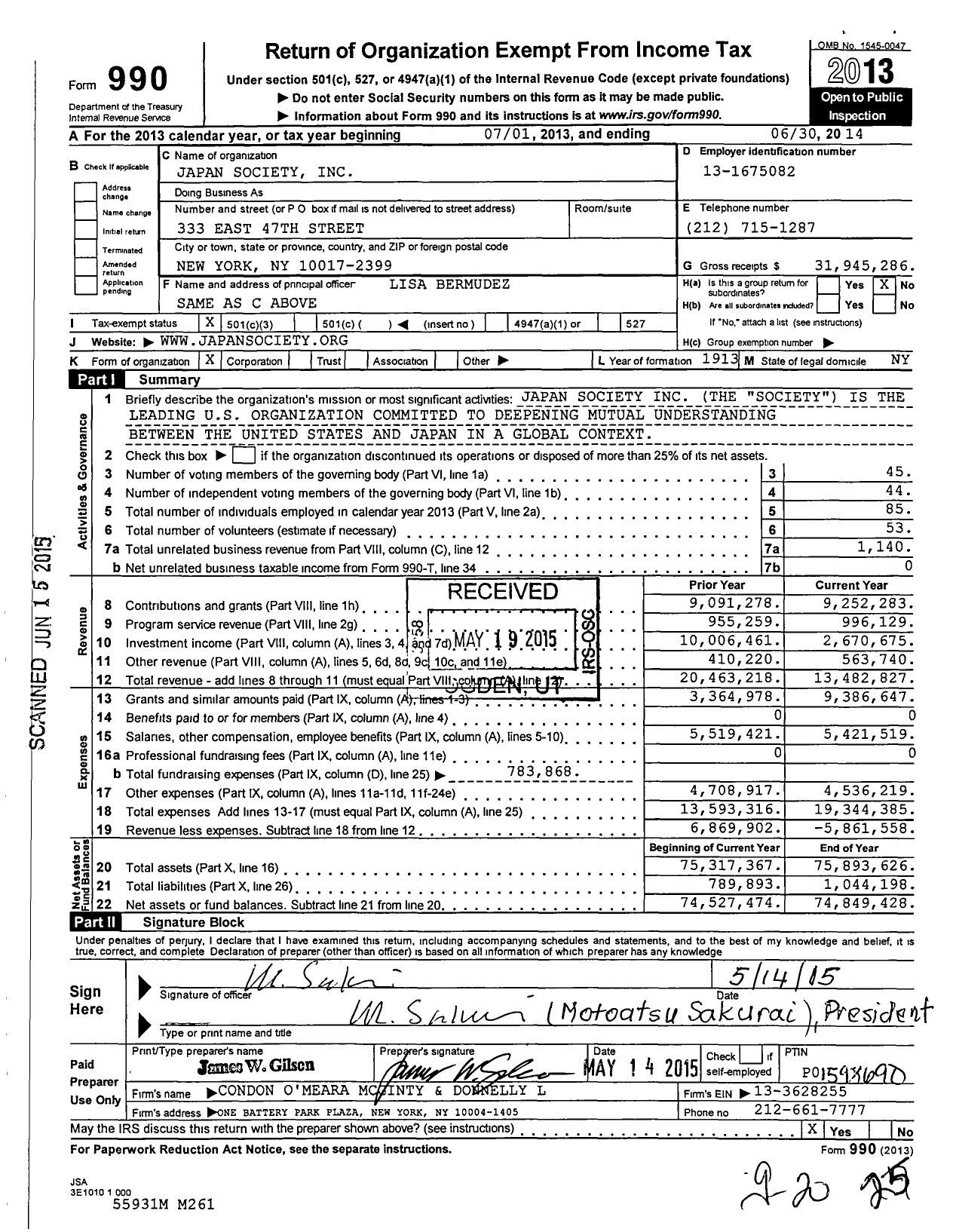 Image of first page of 2013 Form 990 for Japan Society