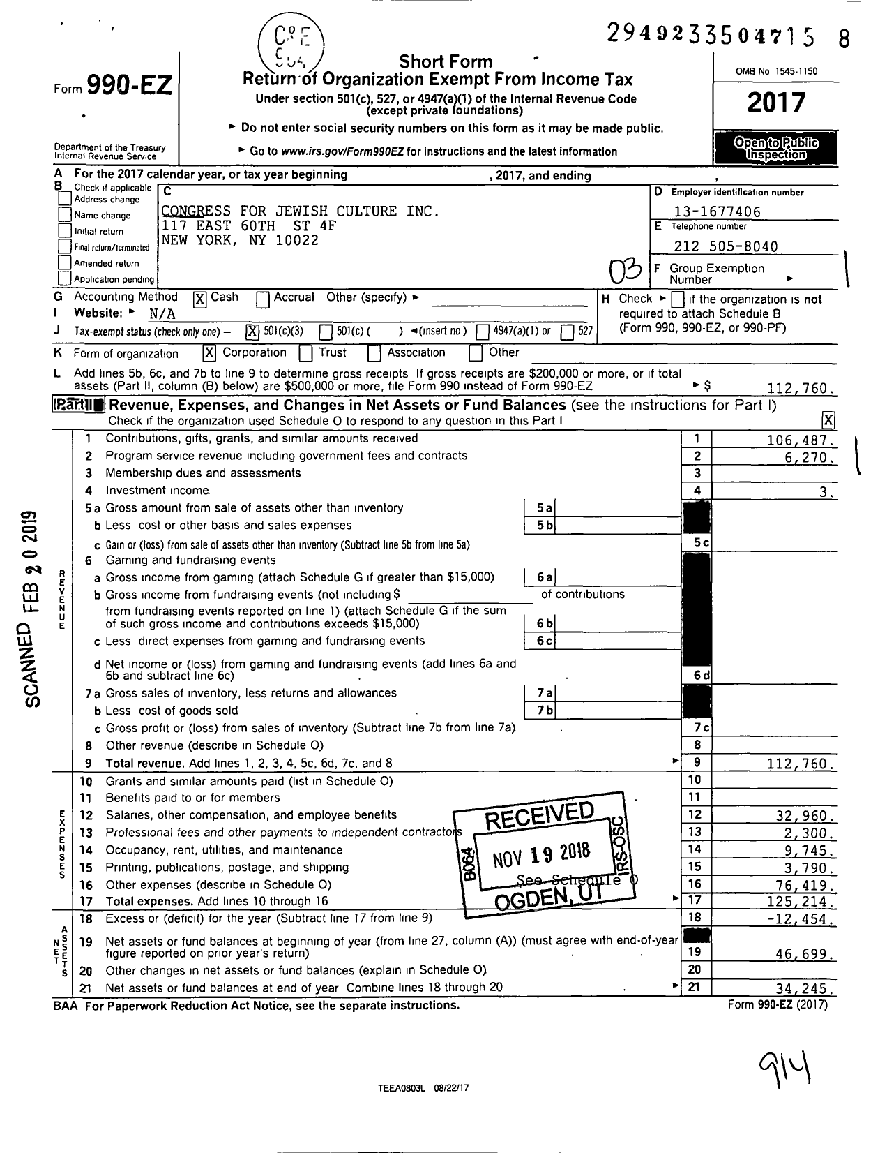 Image of first page of 2017 Form 990EZ for Congress for Jewish Culture