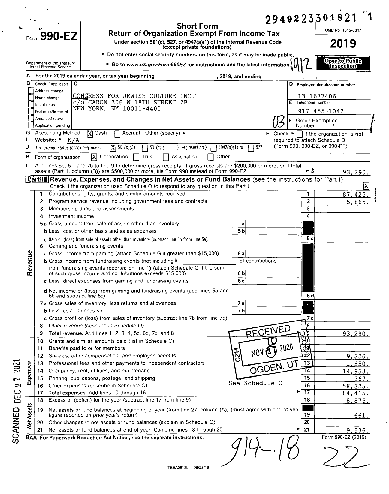 Image of first page of 2019 Form 990EZ for Congress for Jewish Culture