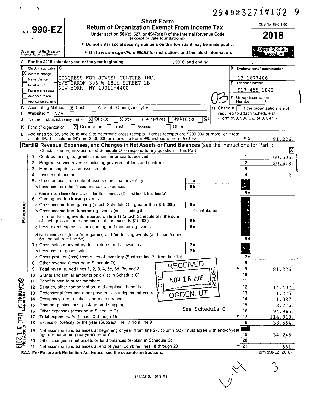 Image of first page of 2018 Form 990EZ for Congress for Jewish Culture