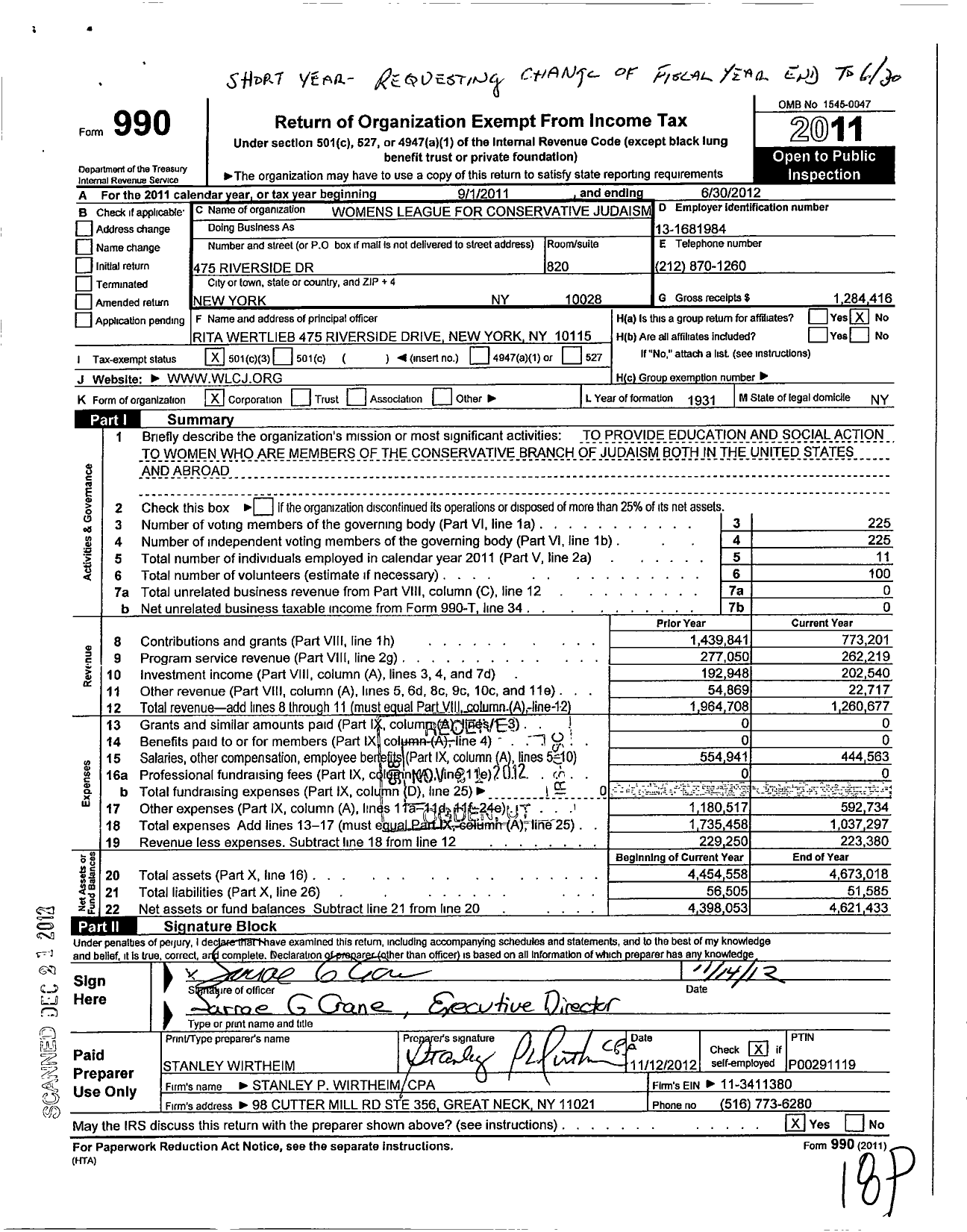 Image of first page of 2011 Form 990 for Womens League for Conservative Judaism (WLCJ)