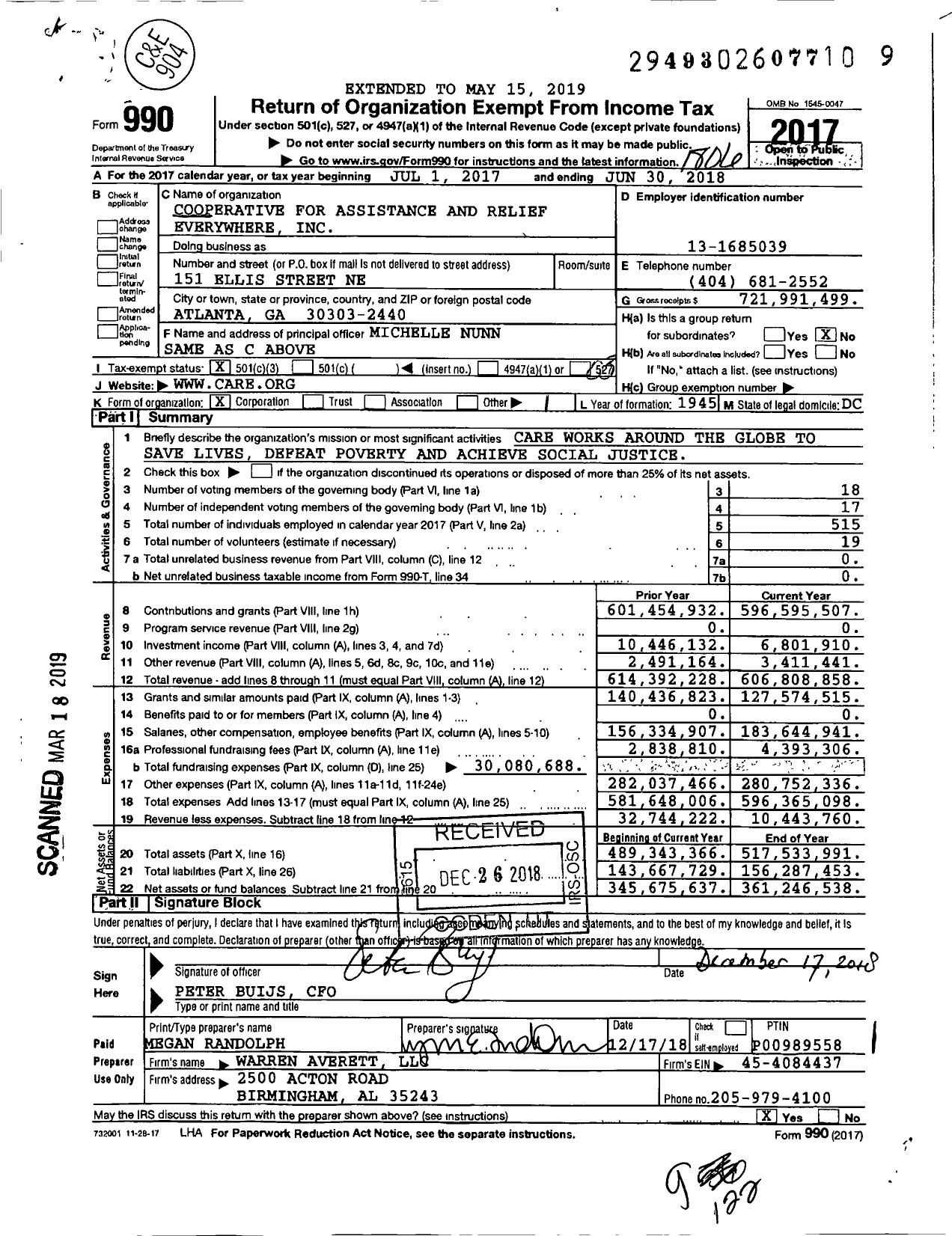 Image of first page of 2017 Form 990 for Cooperative for Assistance and Relief EVERYWHERE