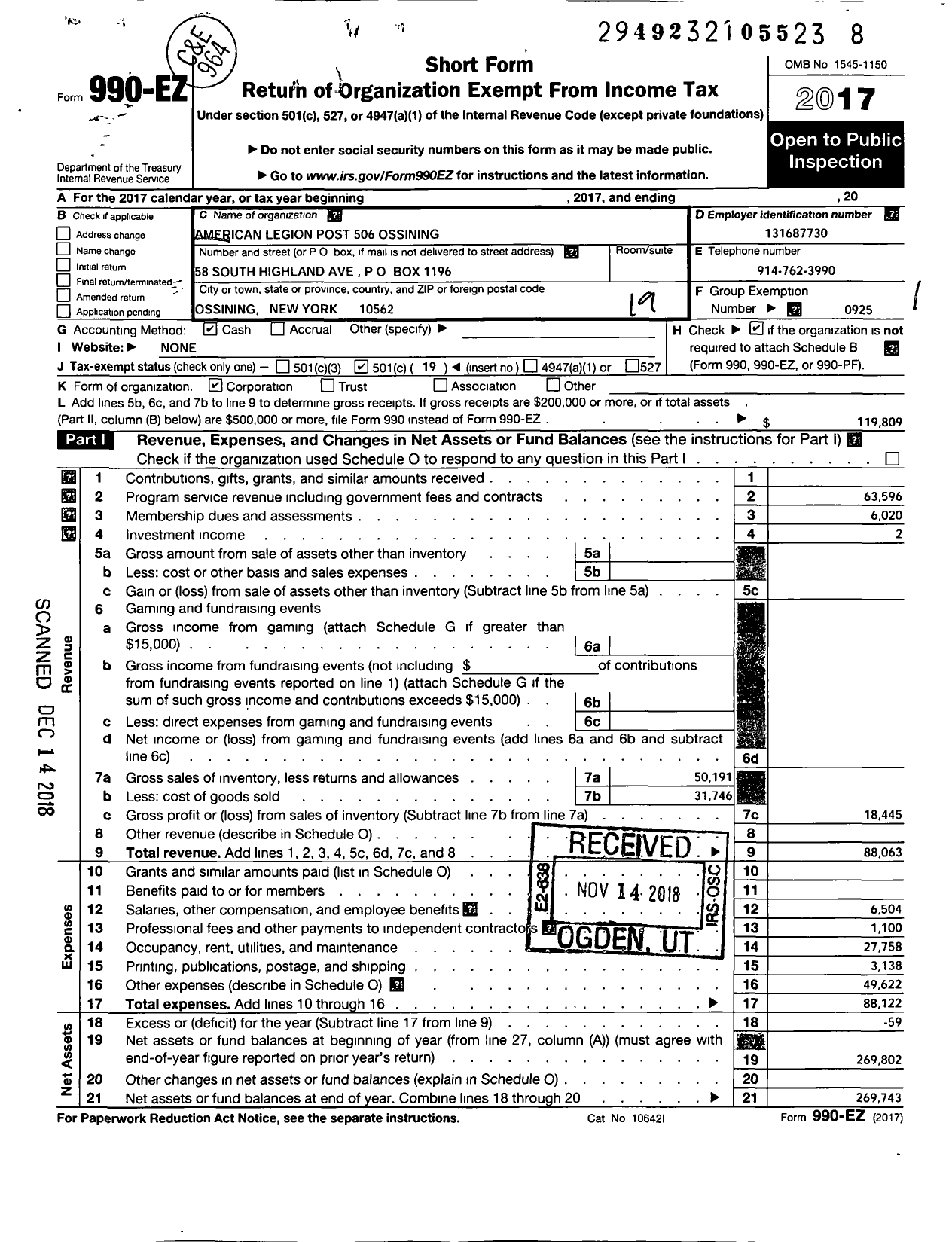 Image of first page of 2017 Form 990EO for American Legion Auxiliary - 506 Ossining