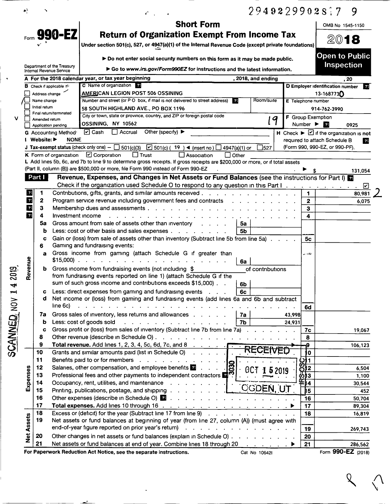 Image of first page of 2018 Form 990EO for American Legion Auxiliary - 506 Ossining