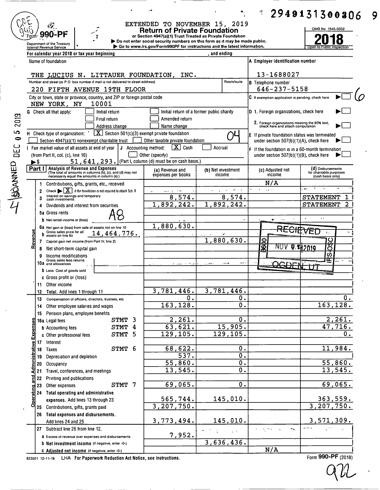 Image of first page of 2018 Form 990PF for The Lucius N Littauer Foundation