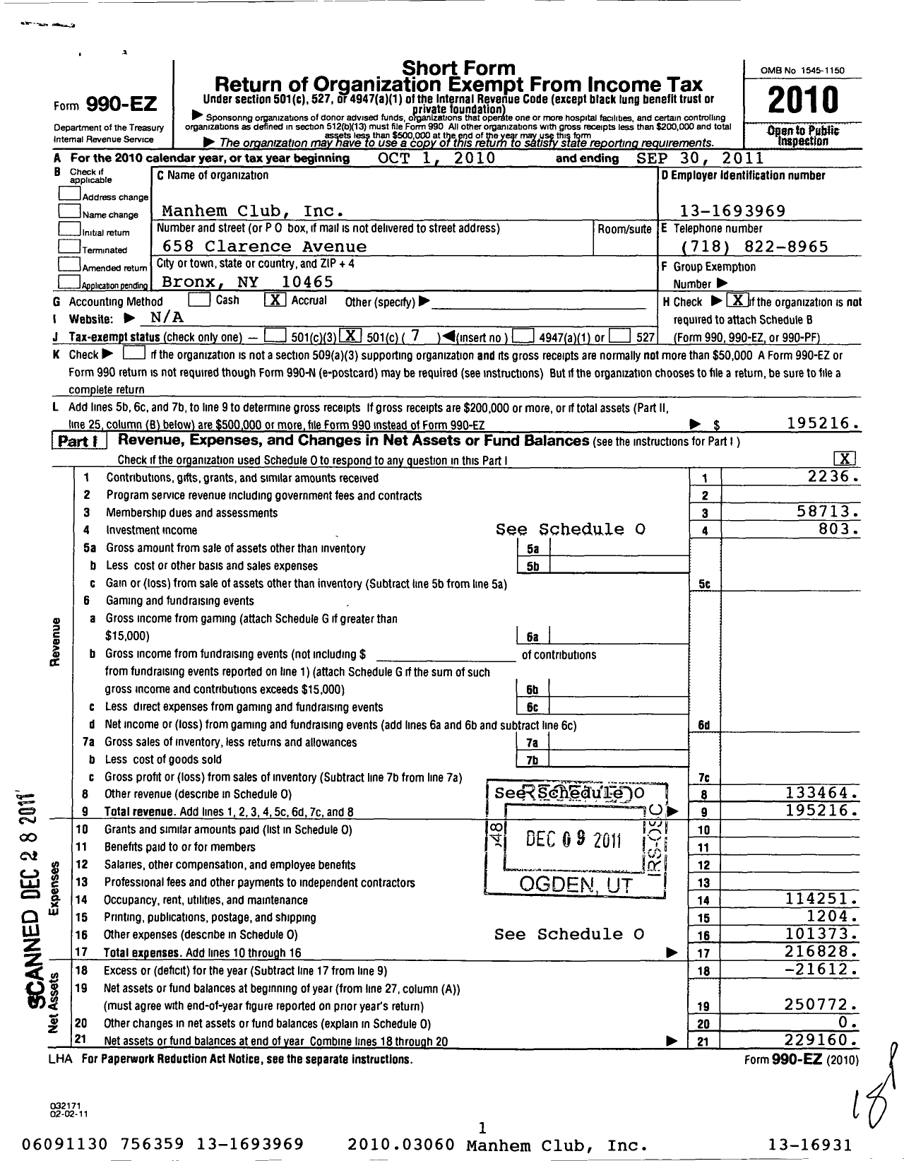 Image of first page of 2010 Form 990EO for Manhem Club