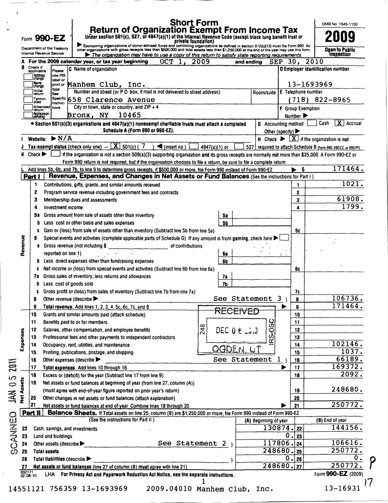 Image of first page of 2009 Form 990EO for Manhem Club