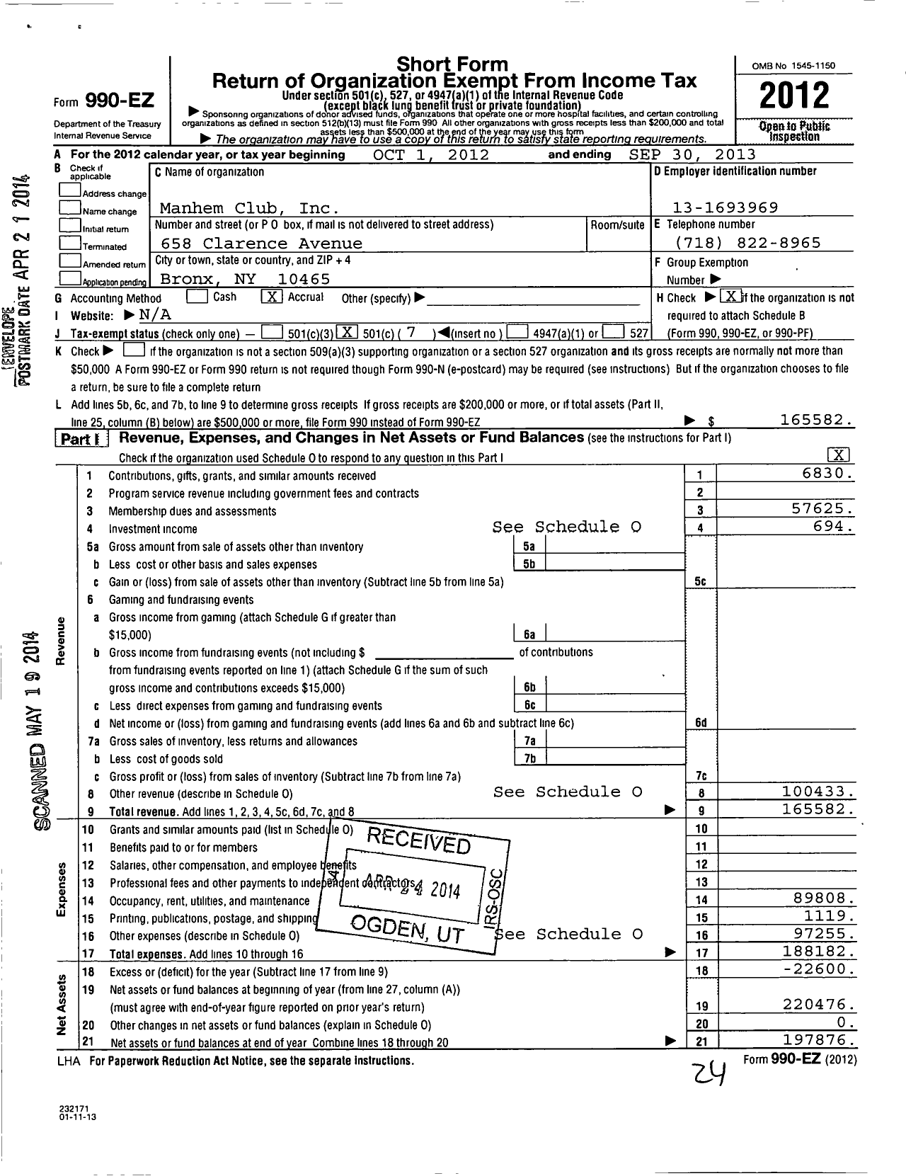 Image of first page of 2012 Form 990EO for Manhem Club