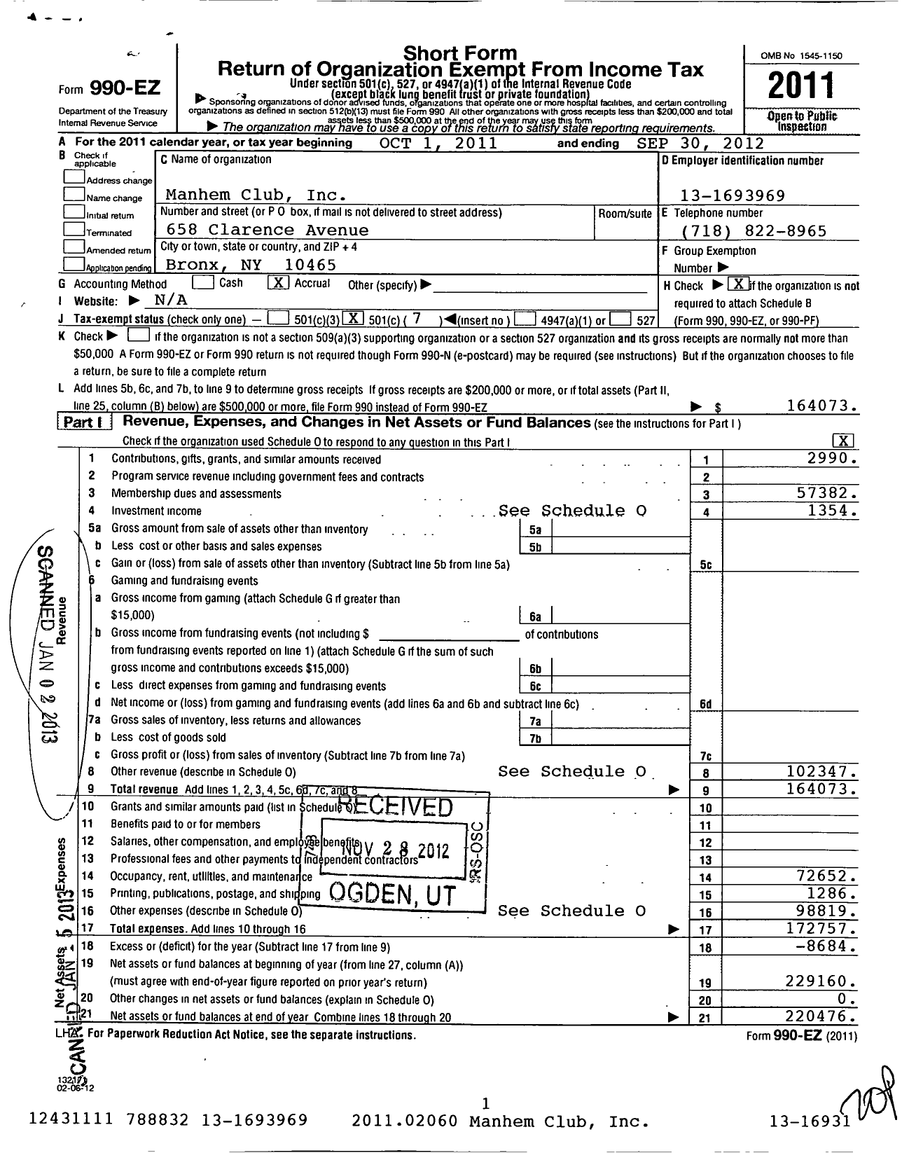 Image of first page of 2011 Form 990EO for Manhem Club