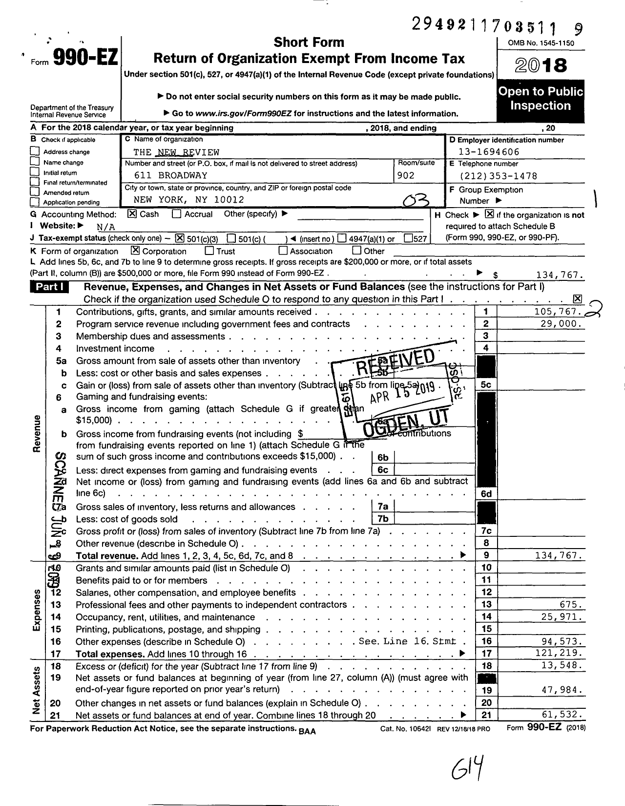 Image of first page of 2018 Form 990EZ for The New Review