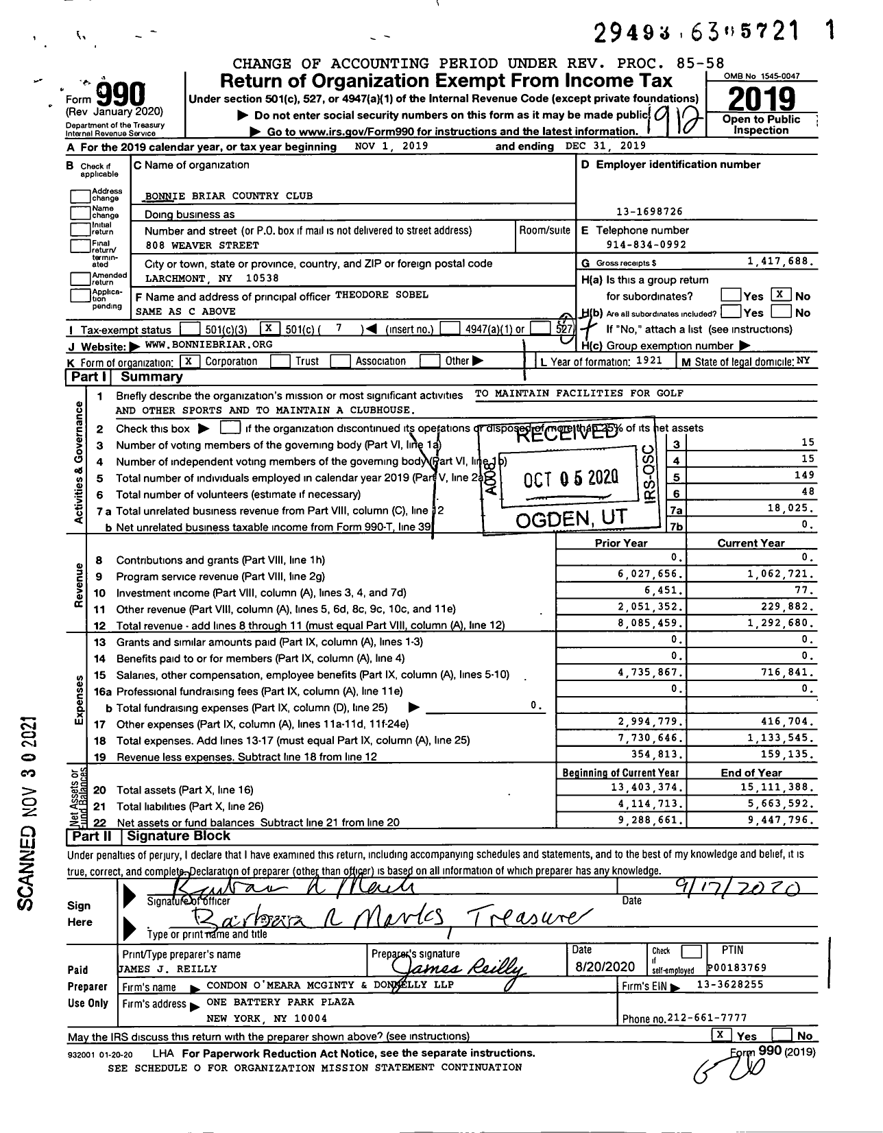 Image of first page of 2019 Form 990O for Bonnie Briar Country Club