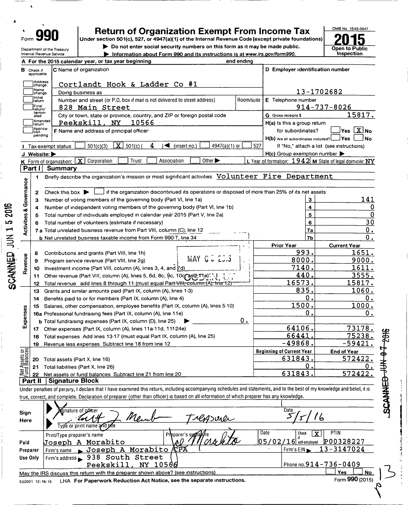 Image of first page of 2015 Form 990O for Cortlandt Hook and Ladder Co-1