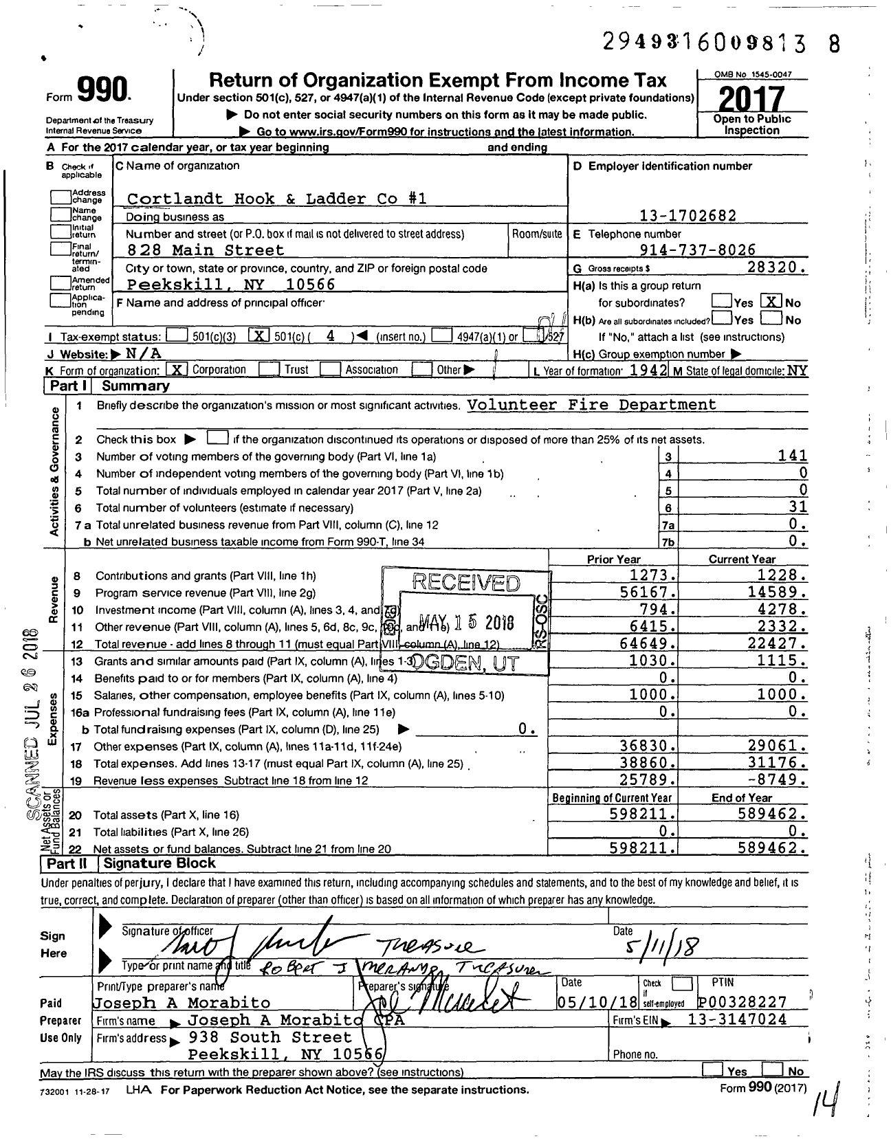 Image of first page of 2017 Form 990O for Cortlandt Hook and Ladder Co-1