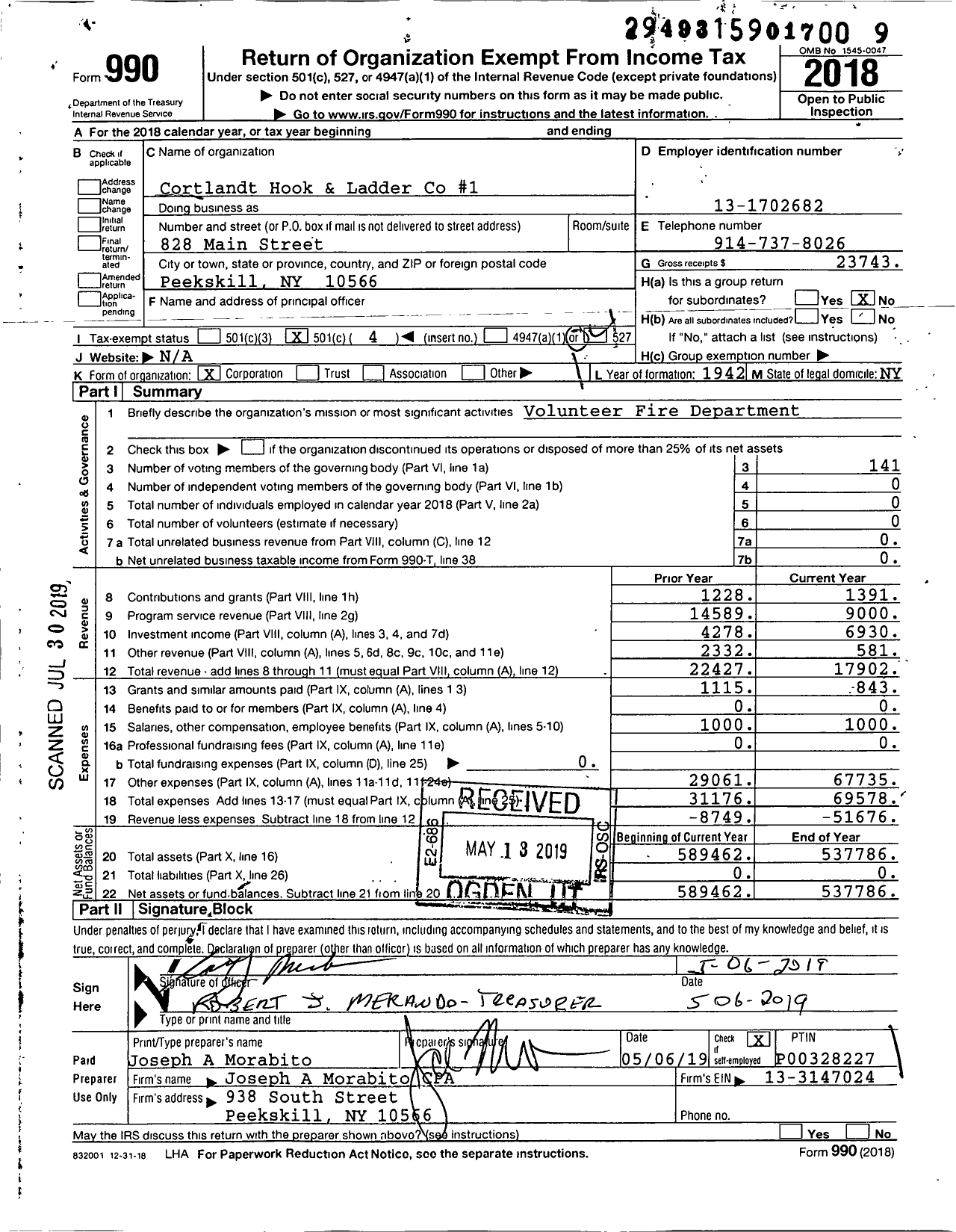 Image of first page of 2018 Form 990O for Cortlandt Hook and Ladder Co-1