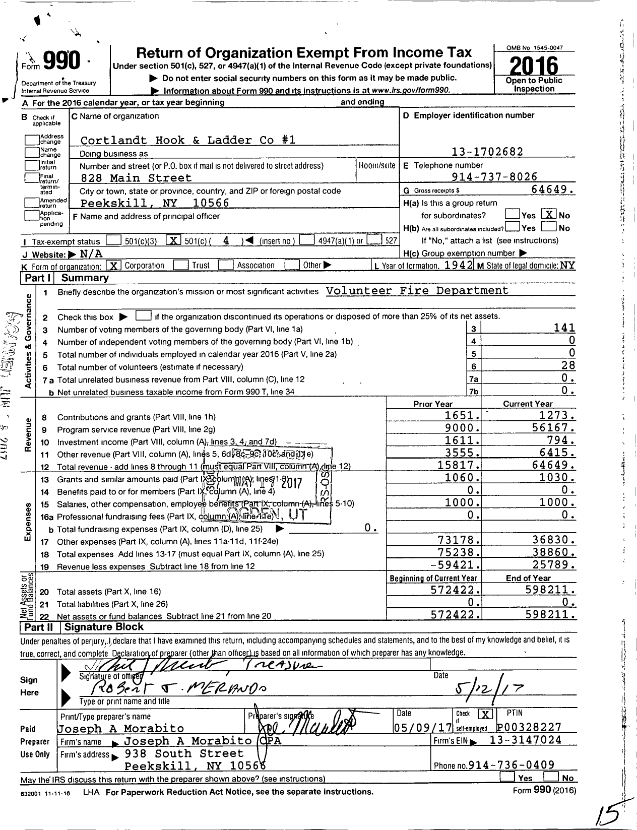 Image of first page of 2016 Form 990O for Cortlandt Hook and Ladder Co-1