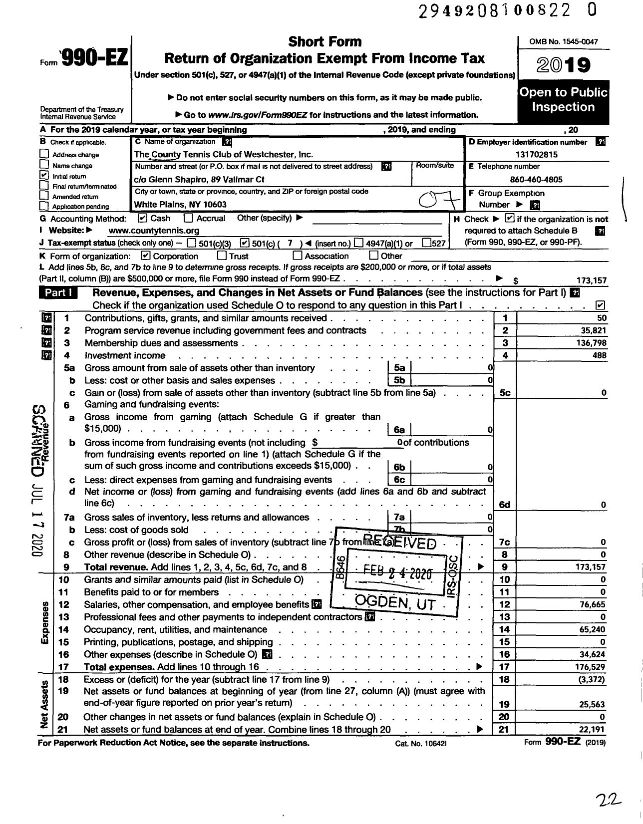 Image of first page of 2019 Form 990EO for County Tennis Club of Westchester