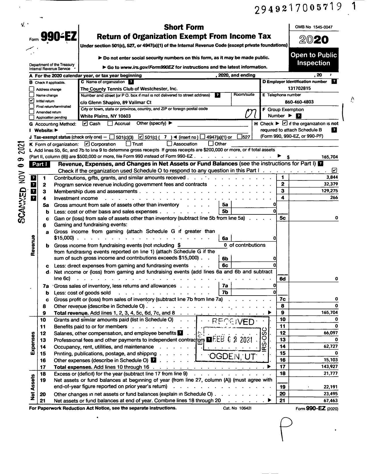 Image of first page of 2020 Form 990EO for County Tennis Club of Westchester