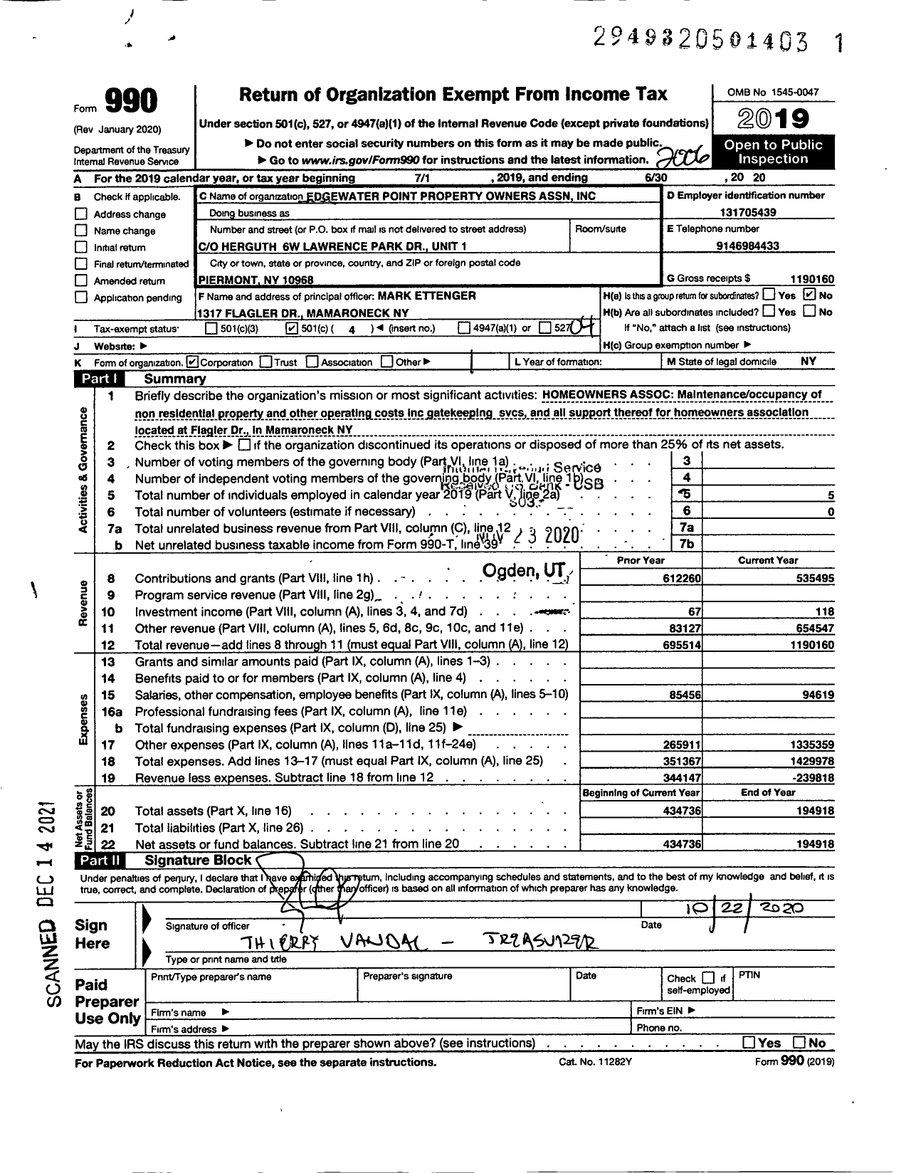 Image of first page of 2019 Form 990O for Edgewater PNT Property Owners Association