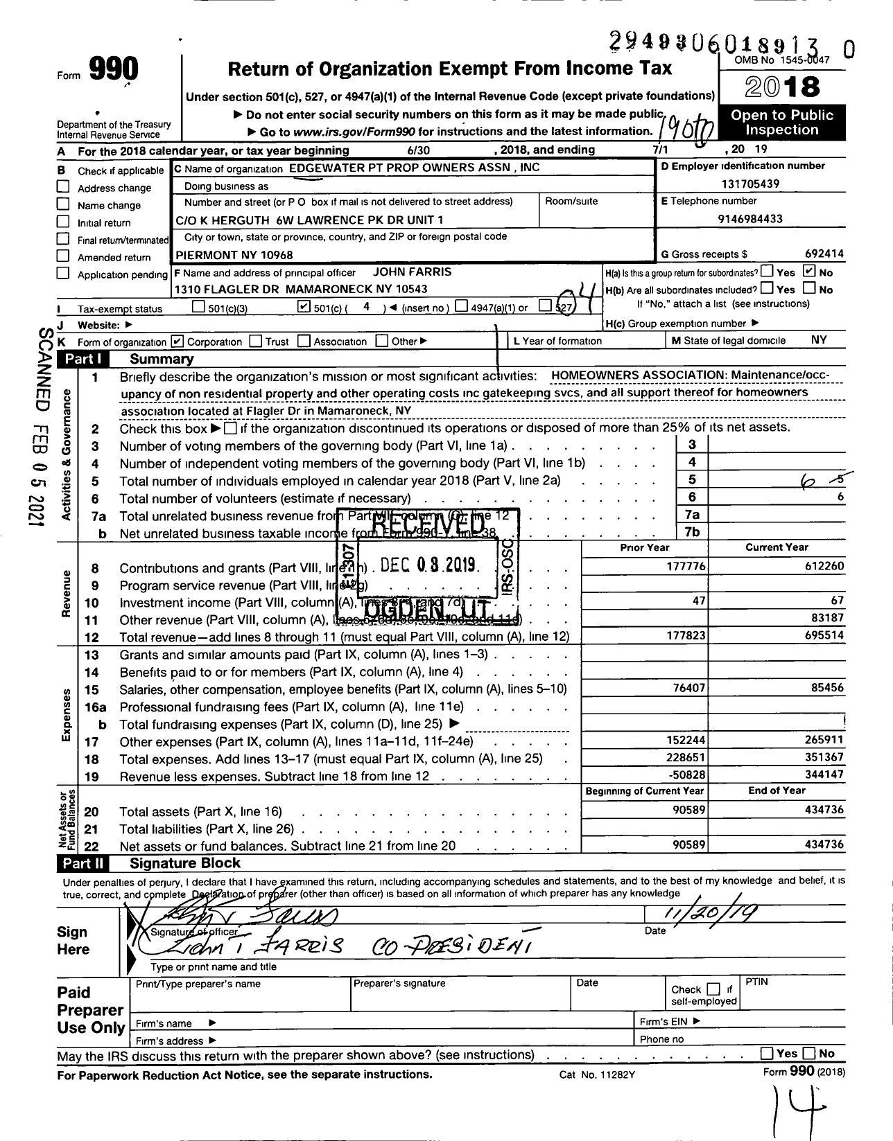 Image of first page of 2018 Form 990O for Edgewater PNT Property Owners Association