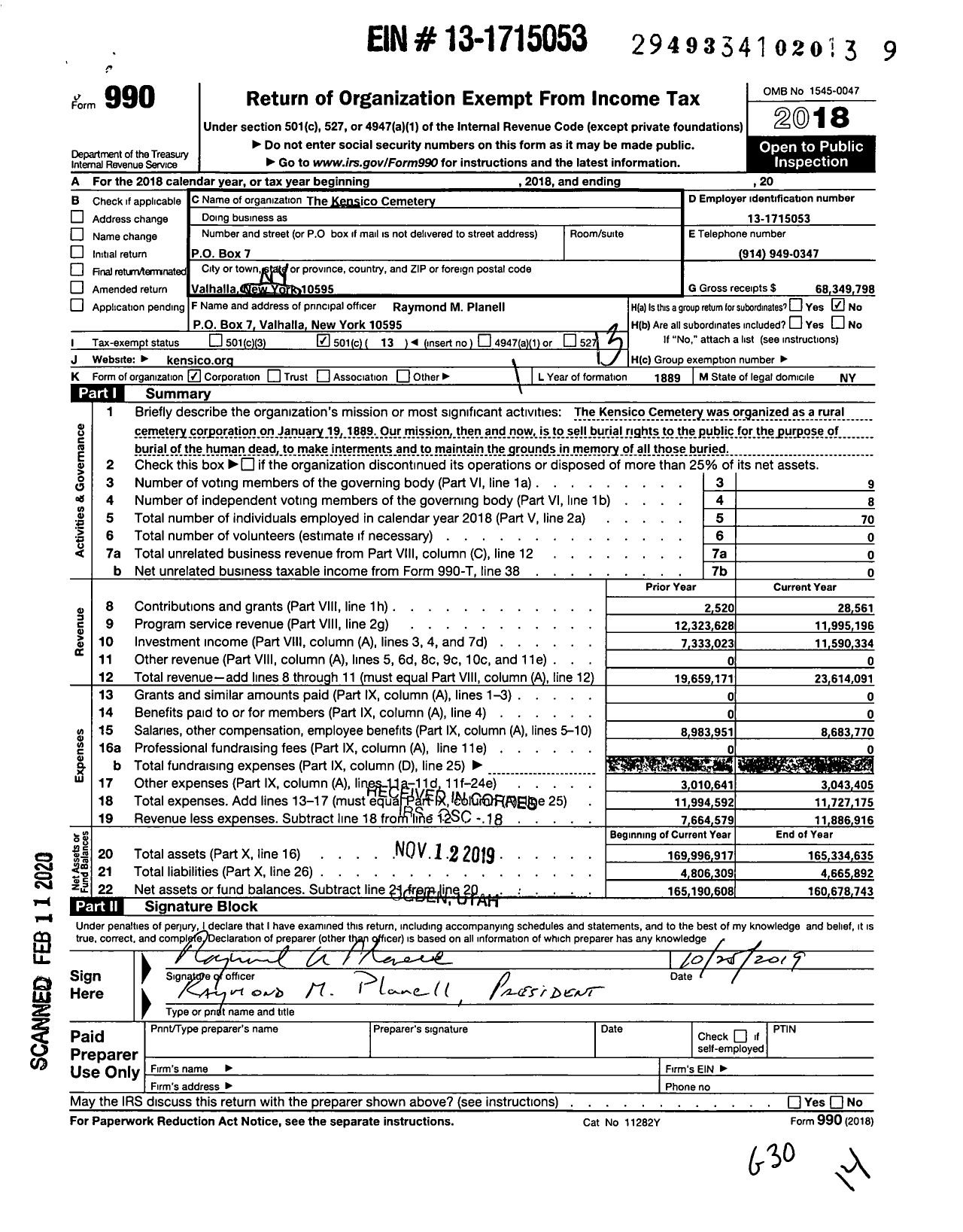 Image of first page of 2018 Form 990O for Kensico Cemetery
