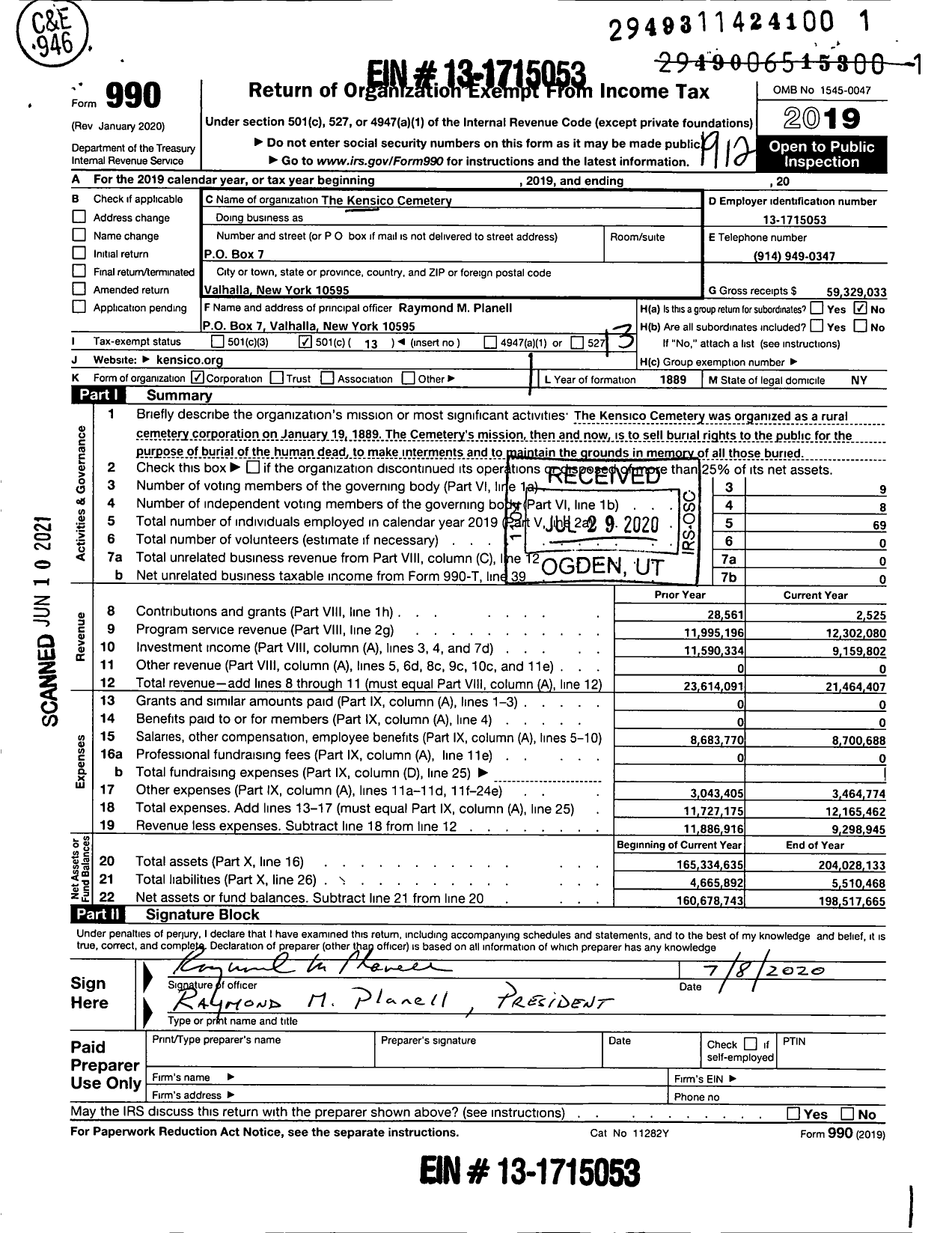 Image of first page of 2019 Form 990O for Kensico Cemetery