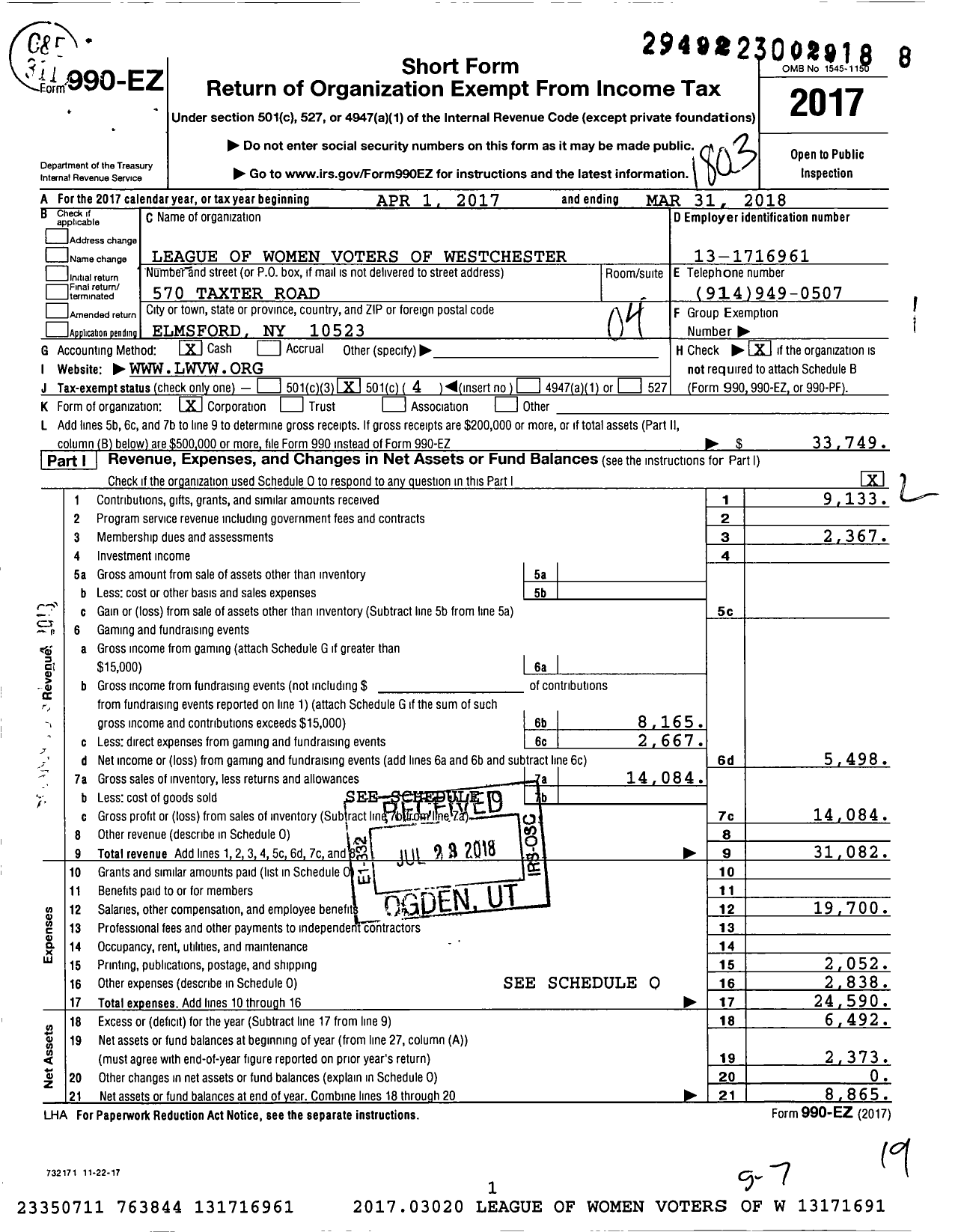 Image of first page of 2017 Form 990EO for League of Women Voters of Westchester