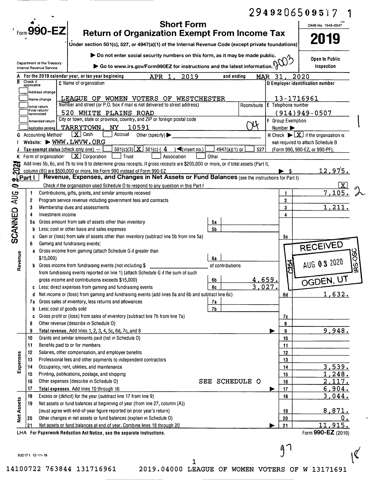 Image of first page of 2019 Form 990EO for League of Women Voters of Westchester