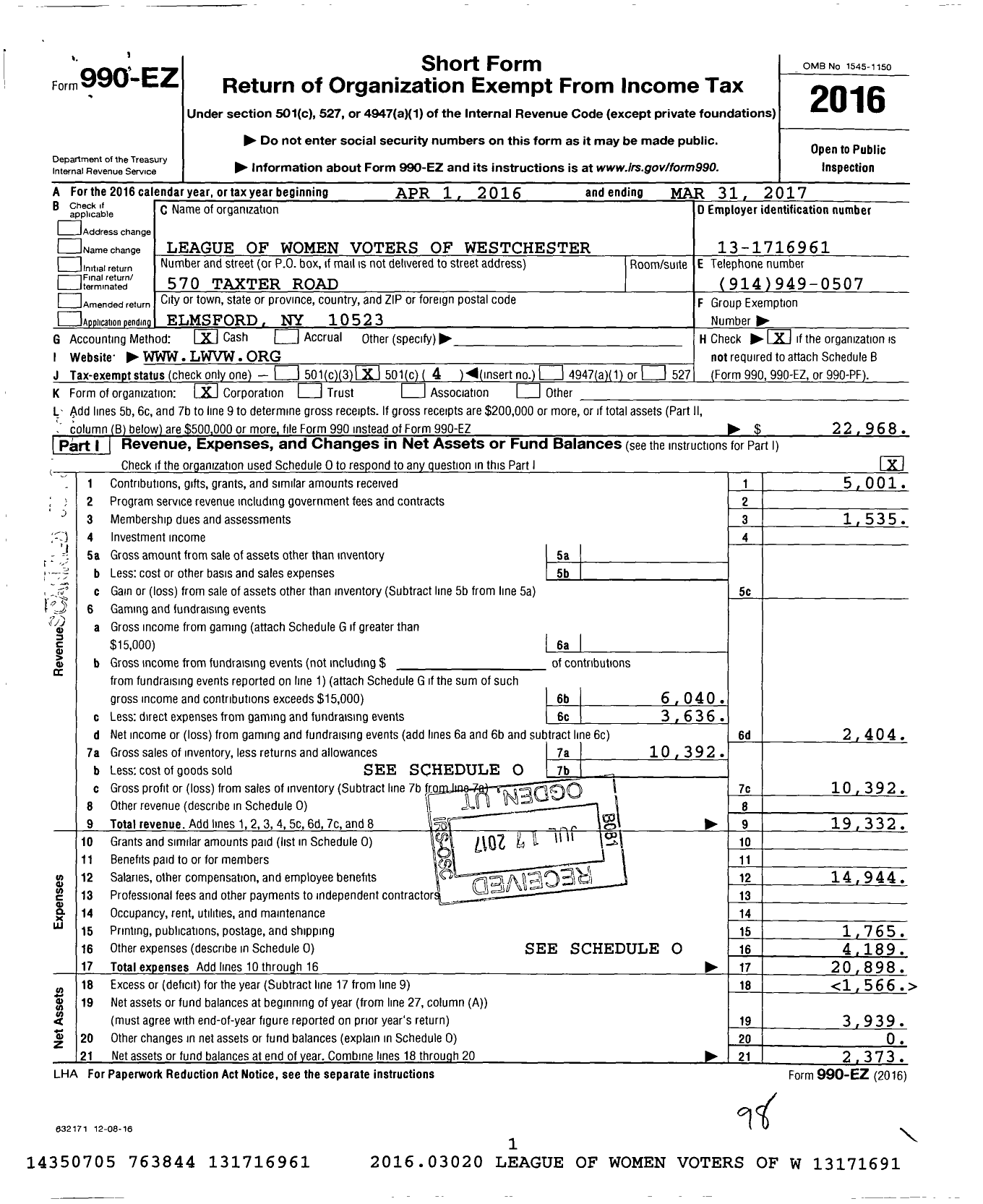 Image of first page of 2016 Form 990EO for League of Women Voters of Westchester