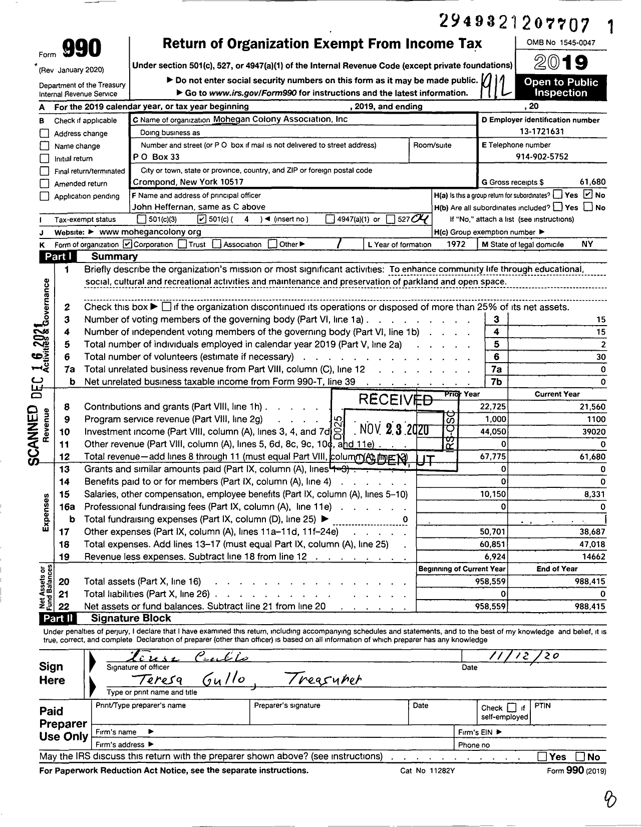 Image of first page of 2019 Form 990O for Mohegan Colony Association