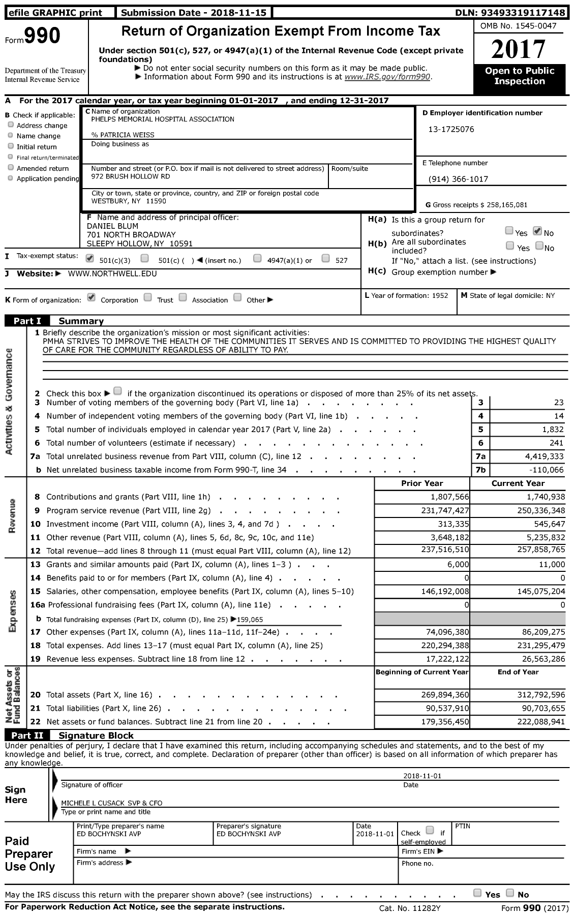 Image of first page of 2017 Form 990 for Phelps Memorial Hospital Center