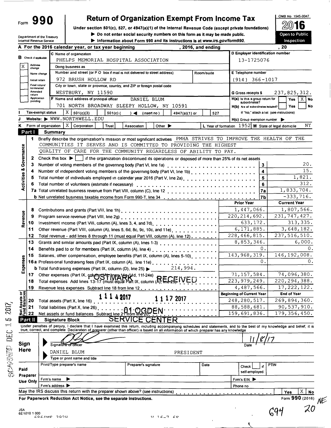 Image of first page of 2016 Form 990 for Phelps Memorial Hospital Center
