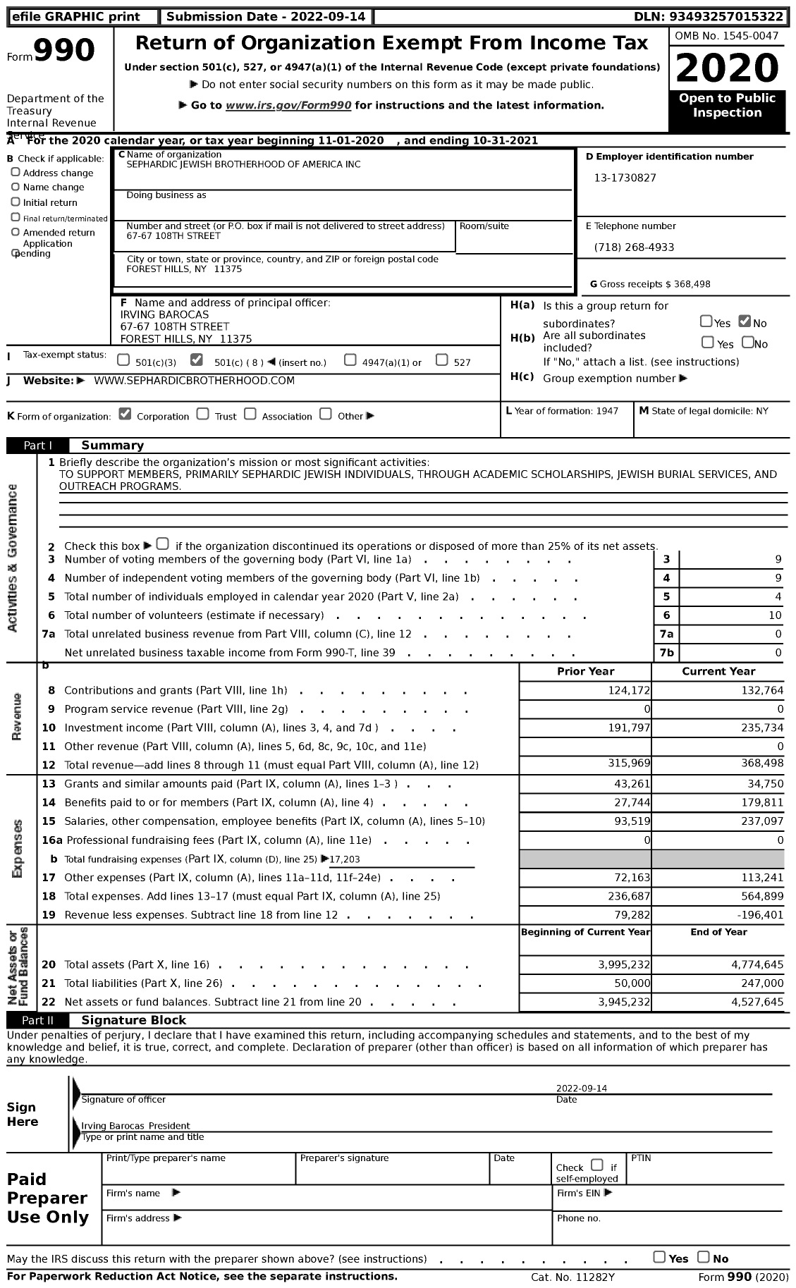 Image of first page of 2020 Form 990 for Sephardic Jewish Brotherhood of America