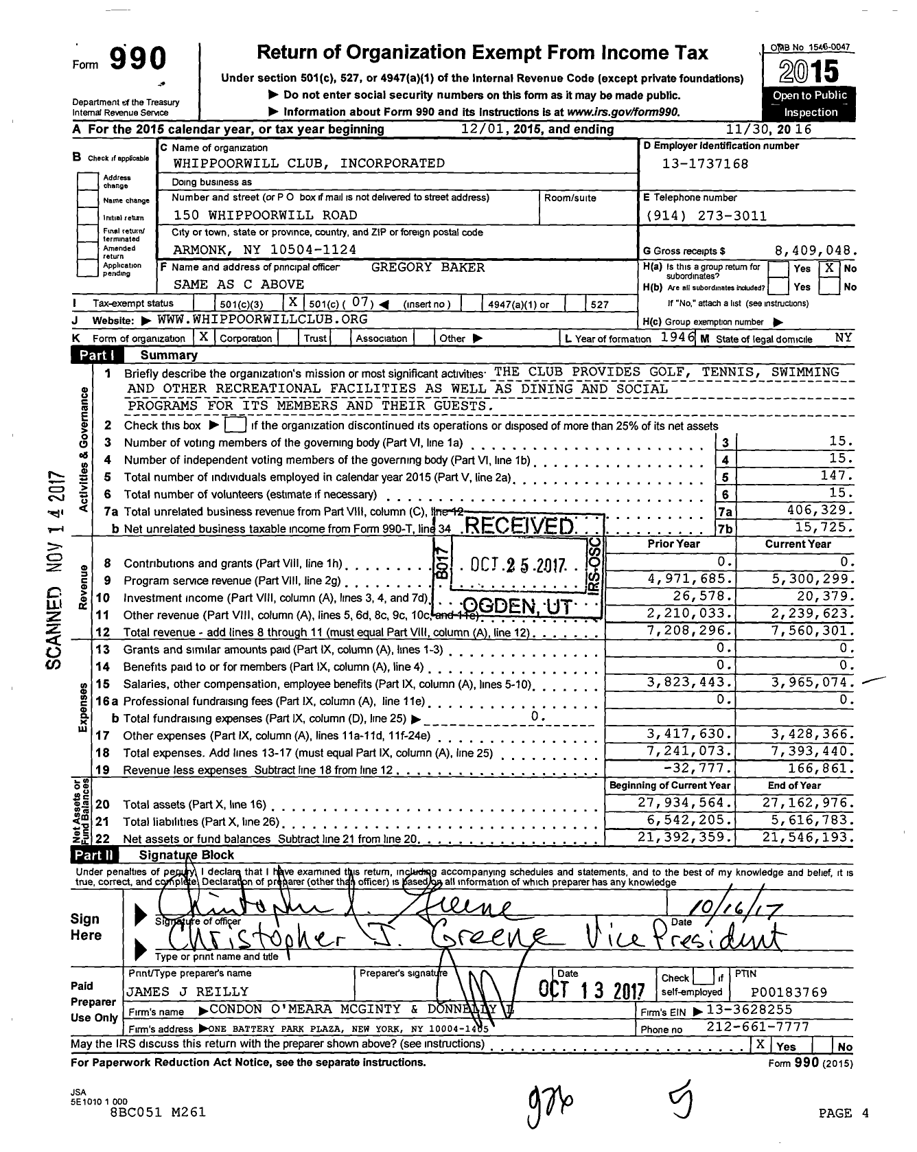 Image of first page of 2015 Form 990O for Whippoorwill Club