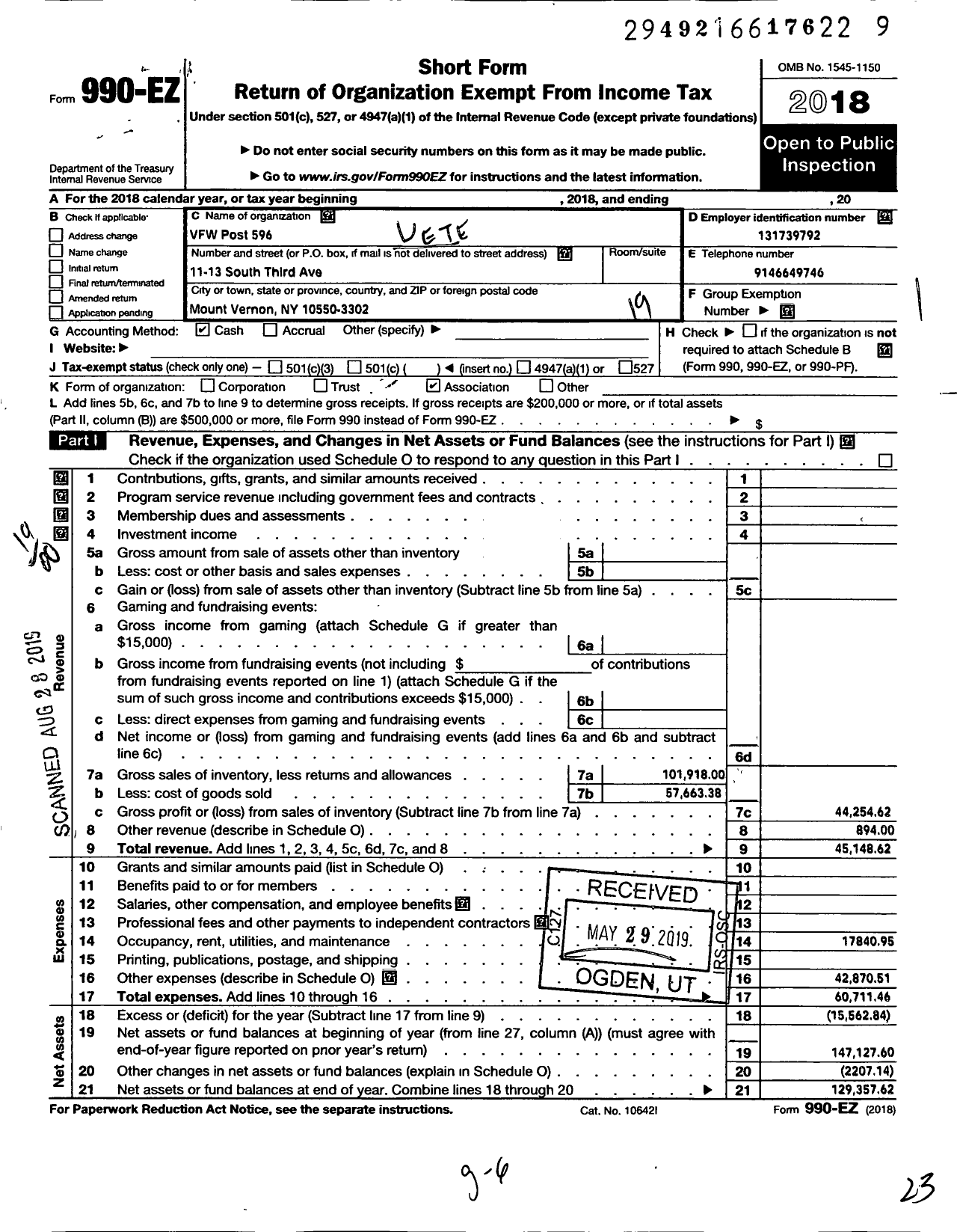 Image of first page of 2018 Form 990EO for Department of Ny VFW - 596 Vfw-Ny