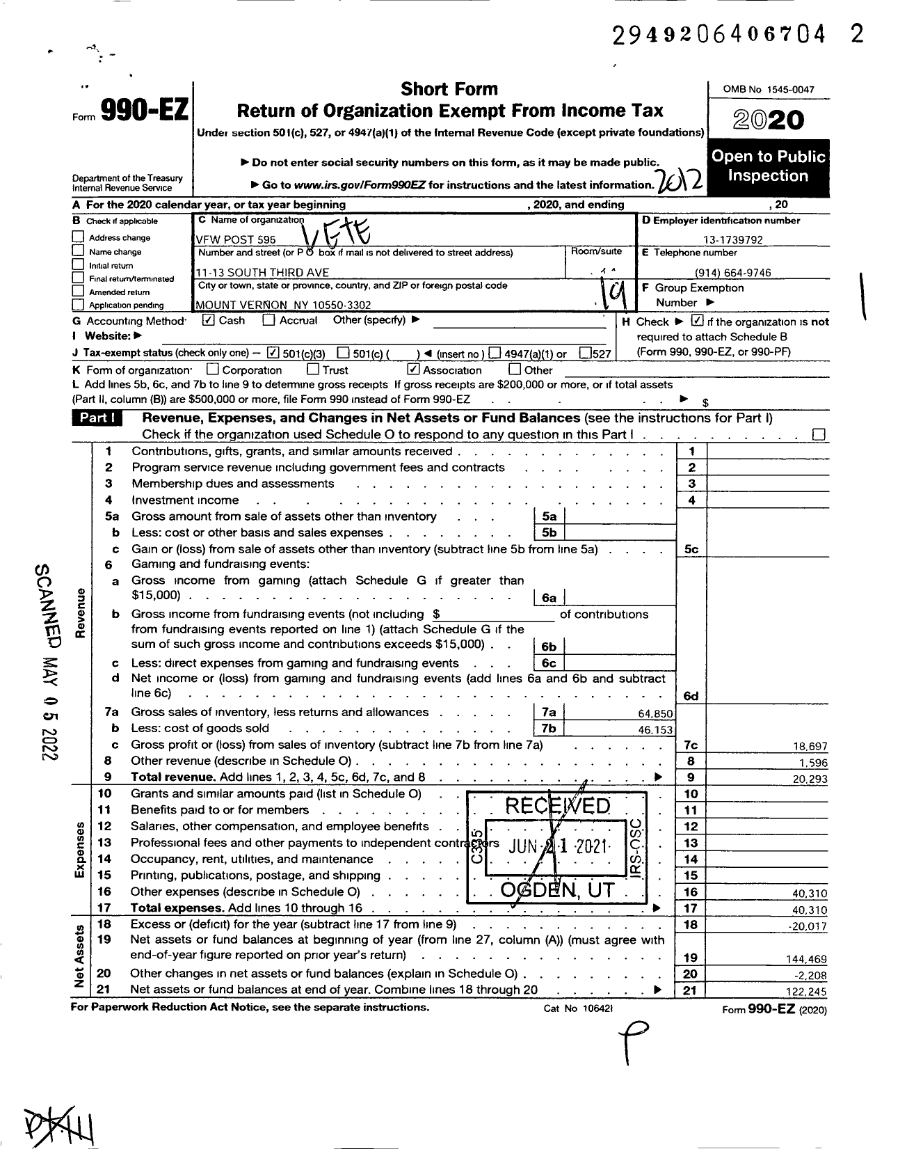 Image of first page of 2020 Form 990EO for Department of Ny VFW - 596 Vfw-Ny