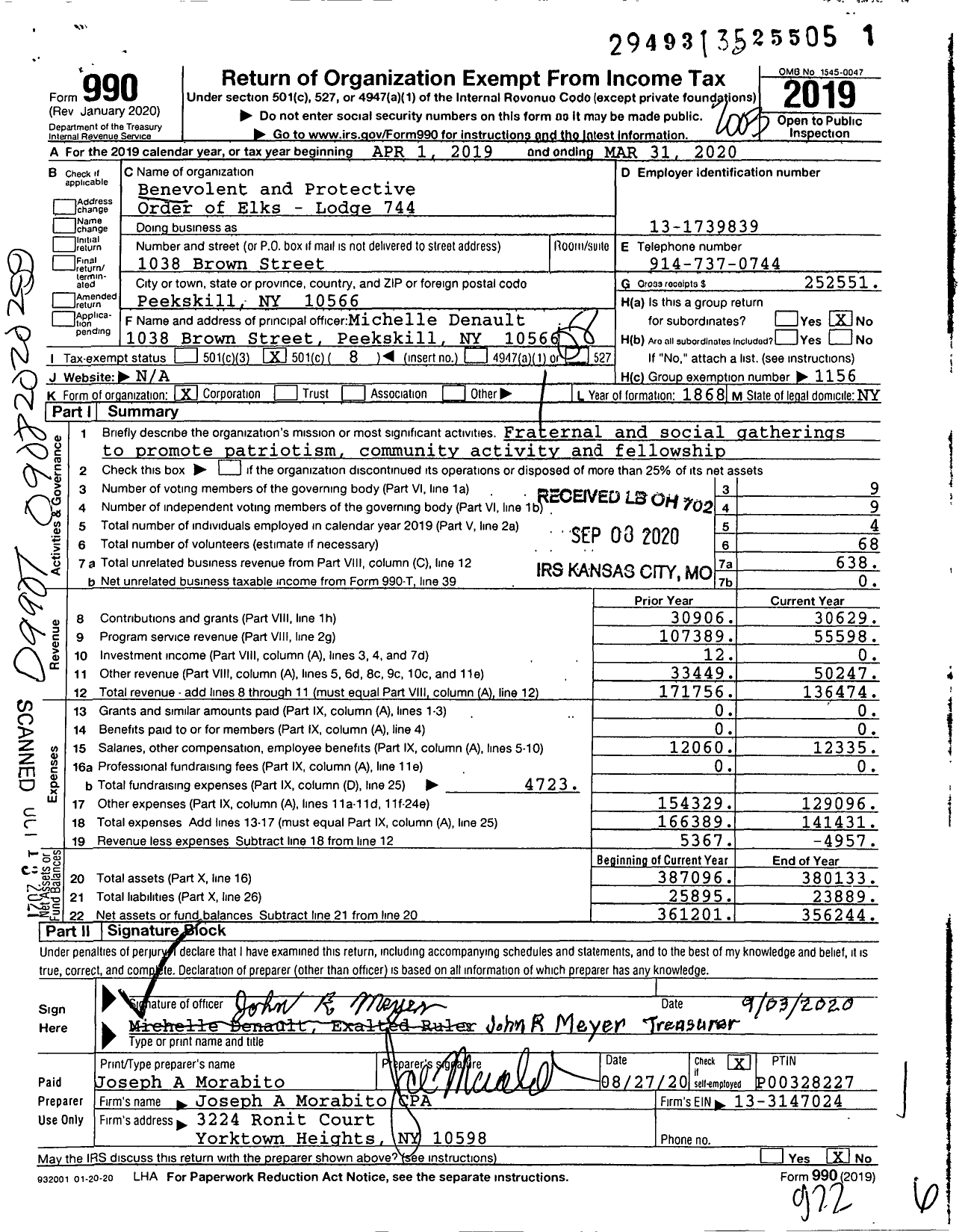 Image of first page of 2019 Form 990O for Benevolent and Protective Order of Elks - 744 Peekskill