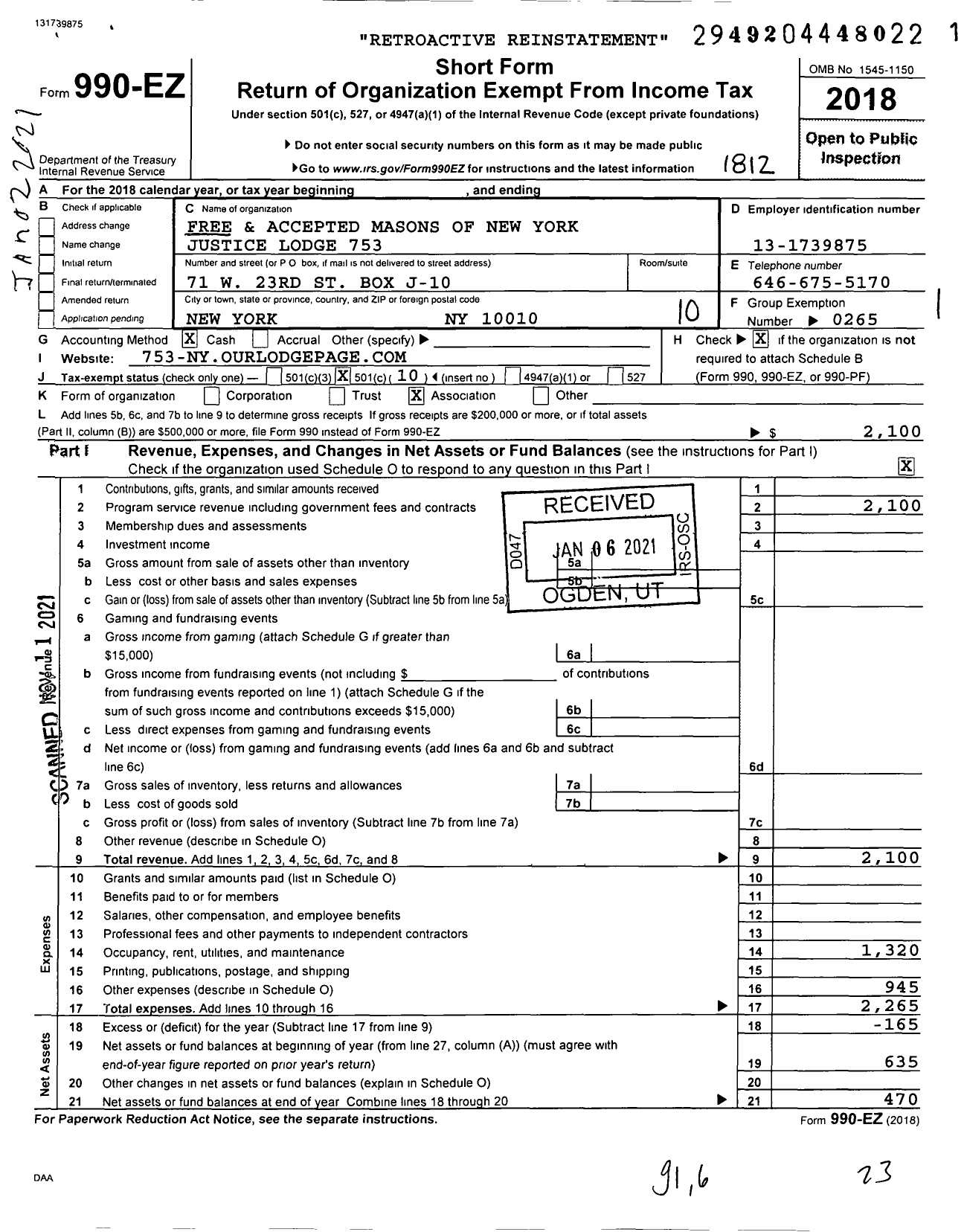 Image of first page of 2018 Form 990EO for Free and Accepted Masons of New York