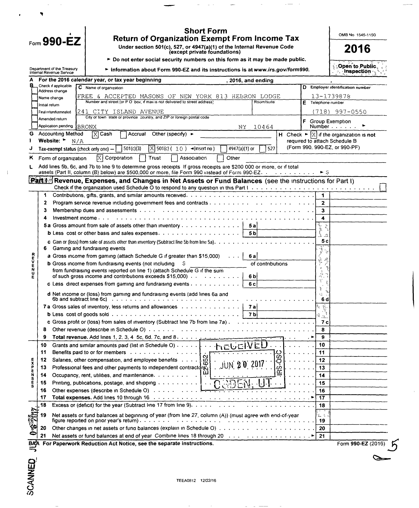 Image of first page of 2016 Form 990EO for Hebron Lodge No 813