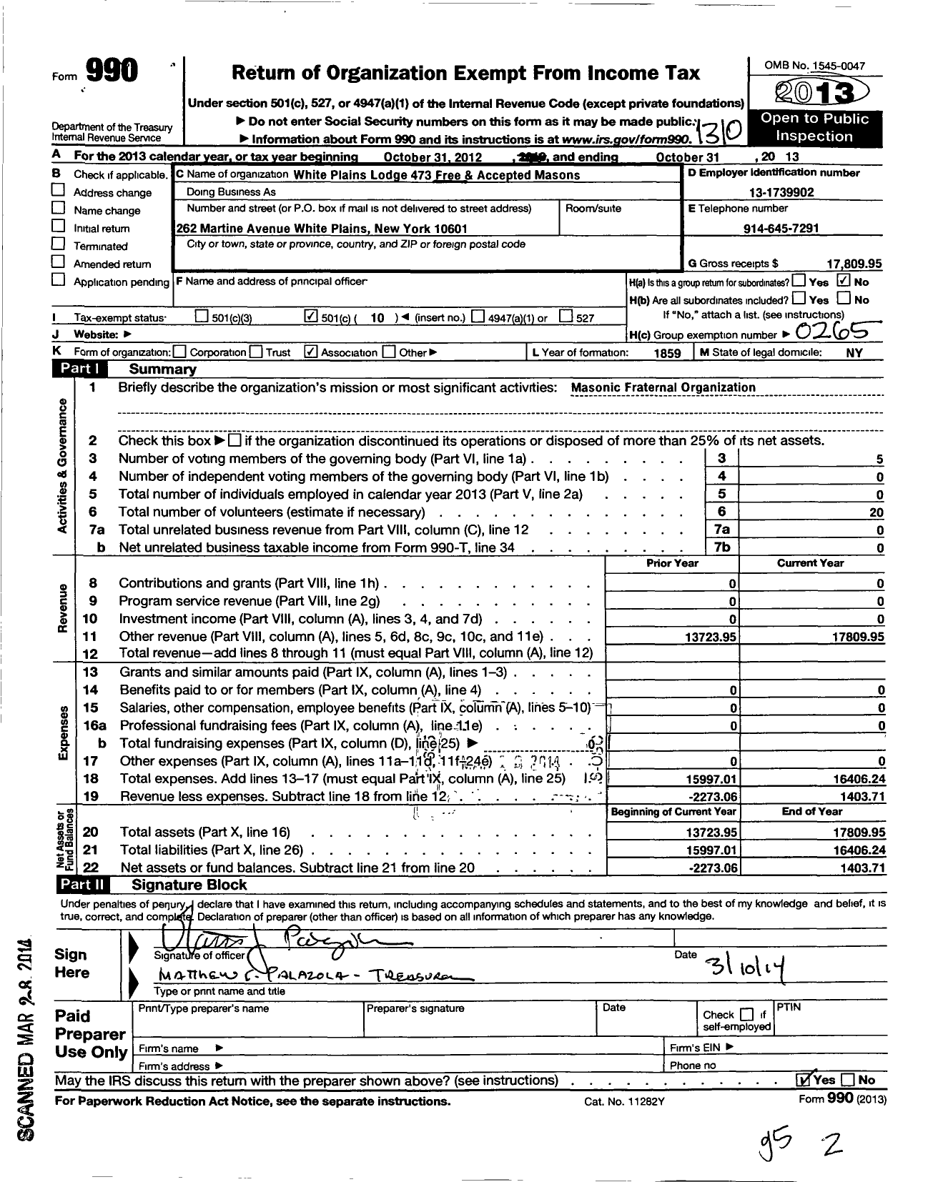 Image of first page of 2012 Form 990O for Free and Accepted Masons of New York - 473 White Plains Lodge