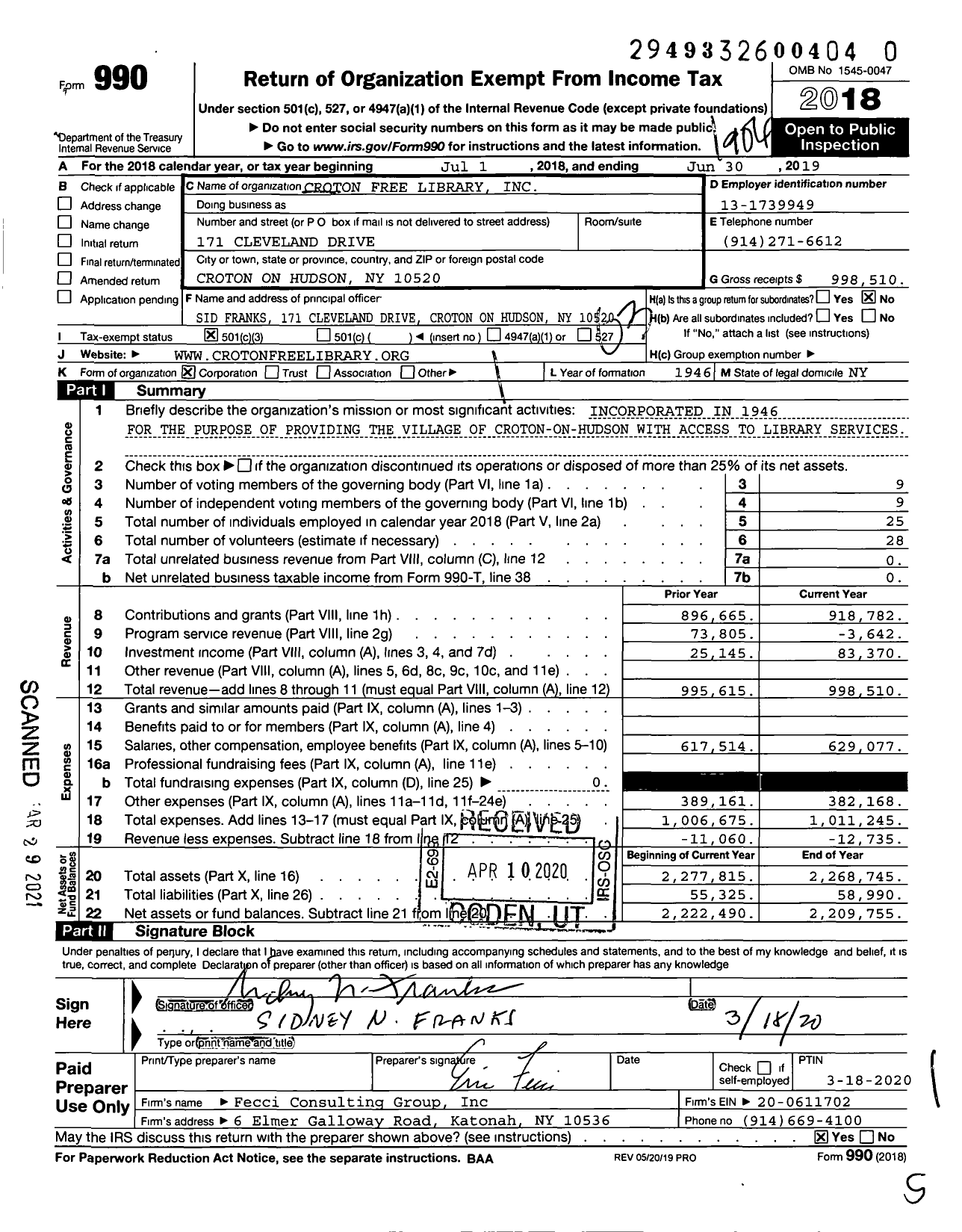 Image of first page of 2018 Form 990 for Croton Free Library