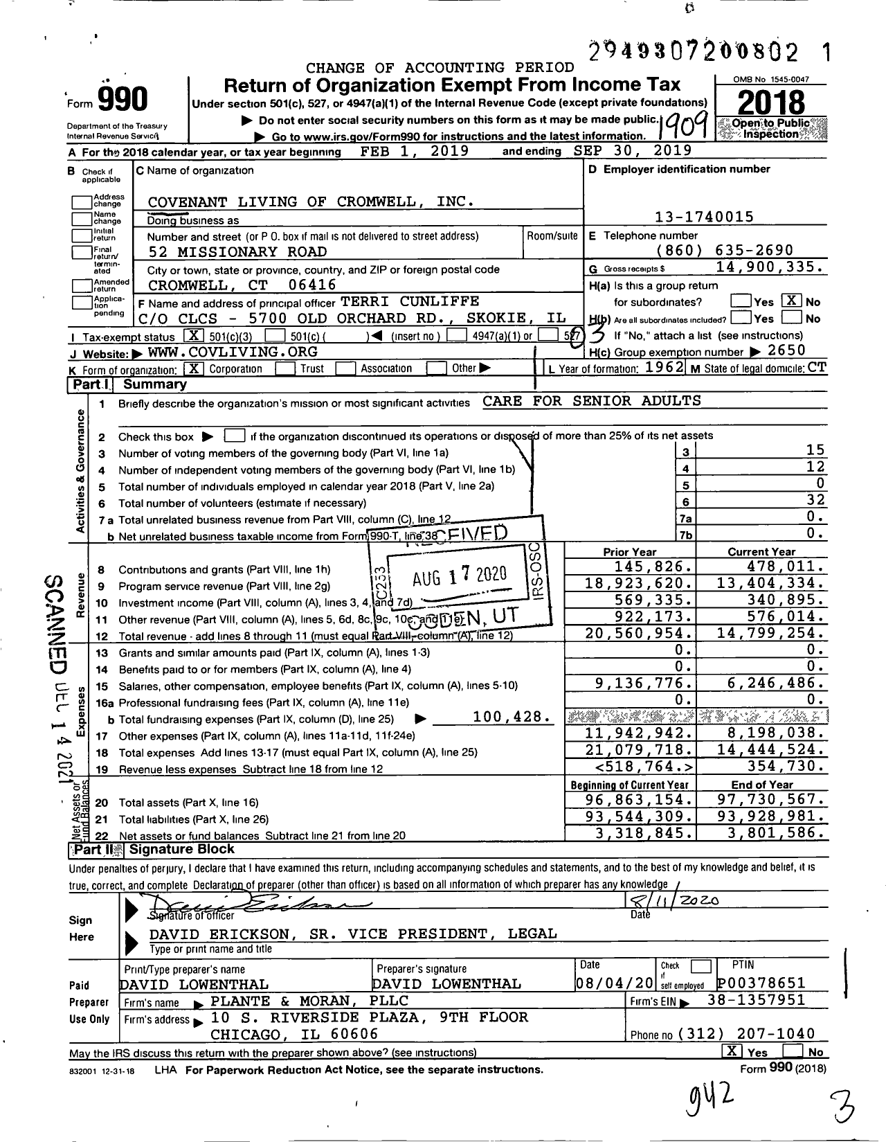 Image of first page of 2018 Form 990 for Covenant Living of Cromwell