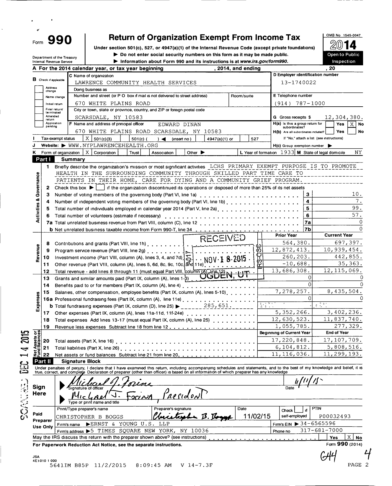 Image of first page of 2014 Form 990 for Lawrence Home Care of Westchester (LHCW)
